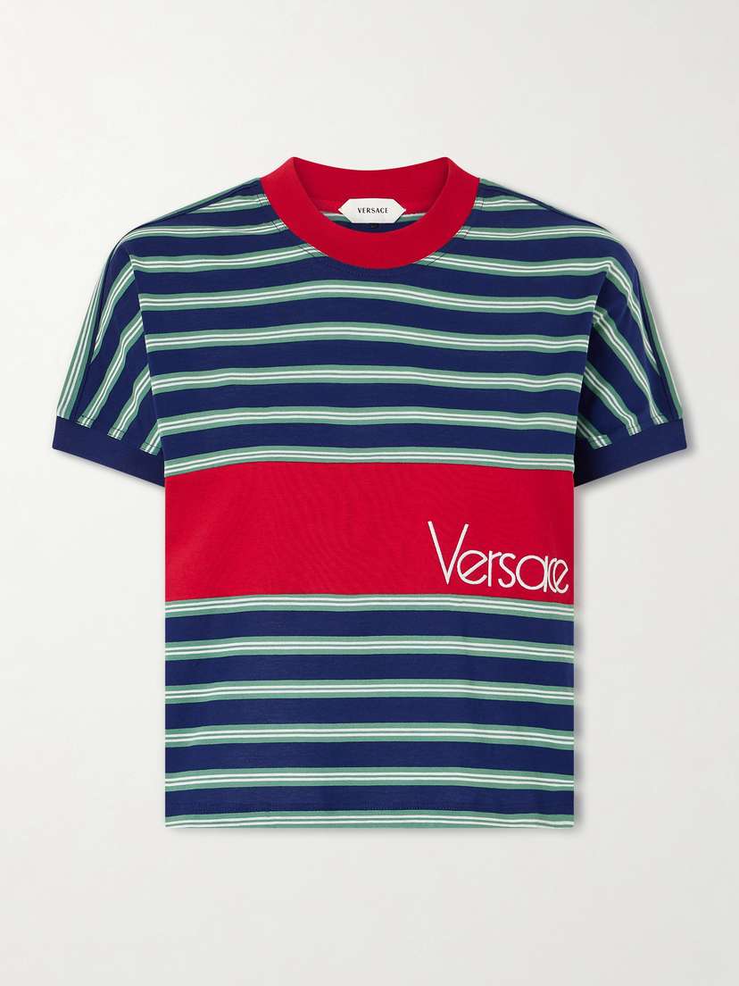 Versace Logo-embroidered Striped Cotton-jersey T-shirt | Thumbnail 6 Versace Logo-embroidered Striped Cotton-jersey T-shirt | Thumbnail 6