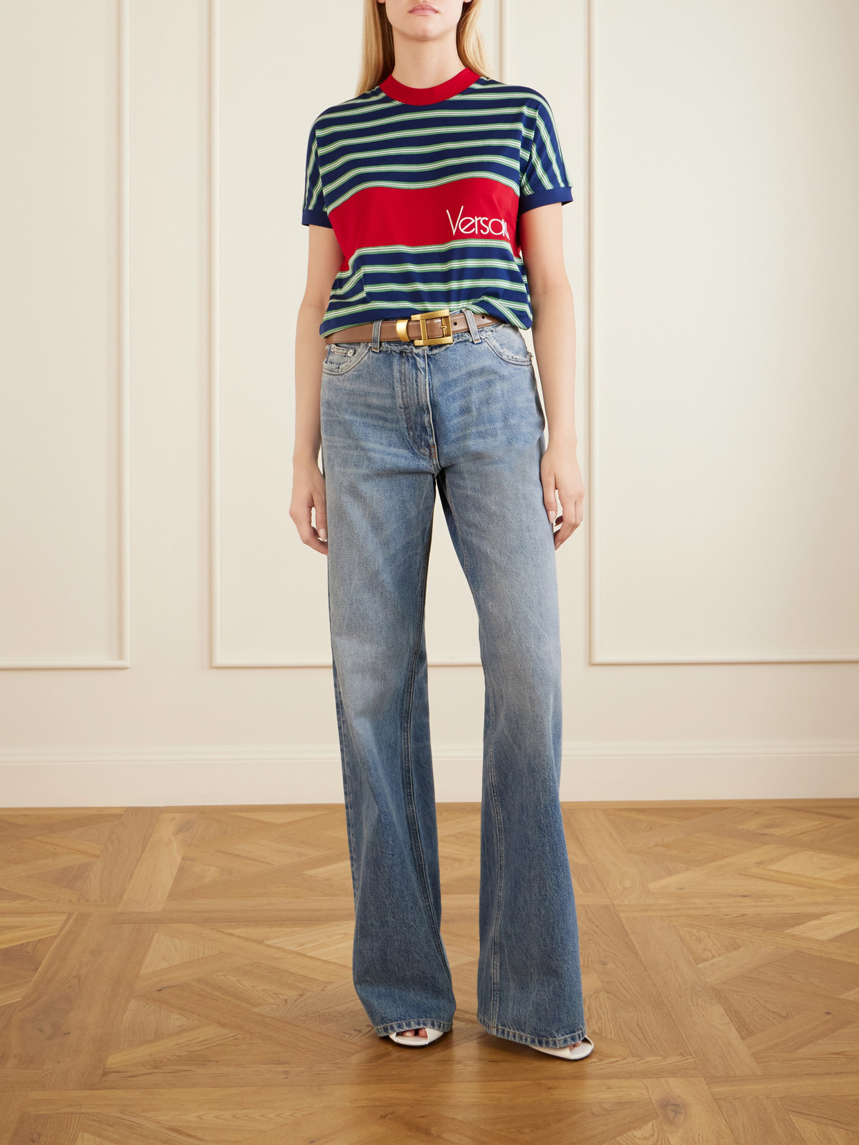 Versace Logo-embroidered Striped Cotton-jersey T-shirt In Black