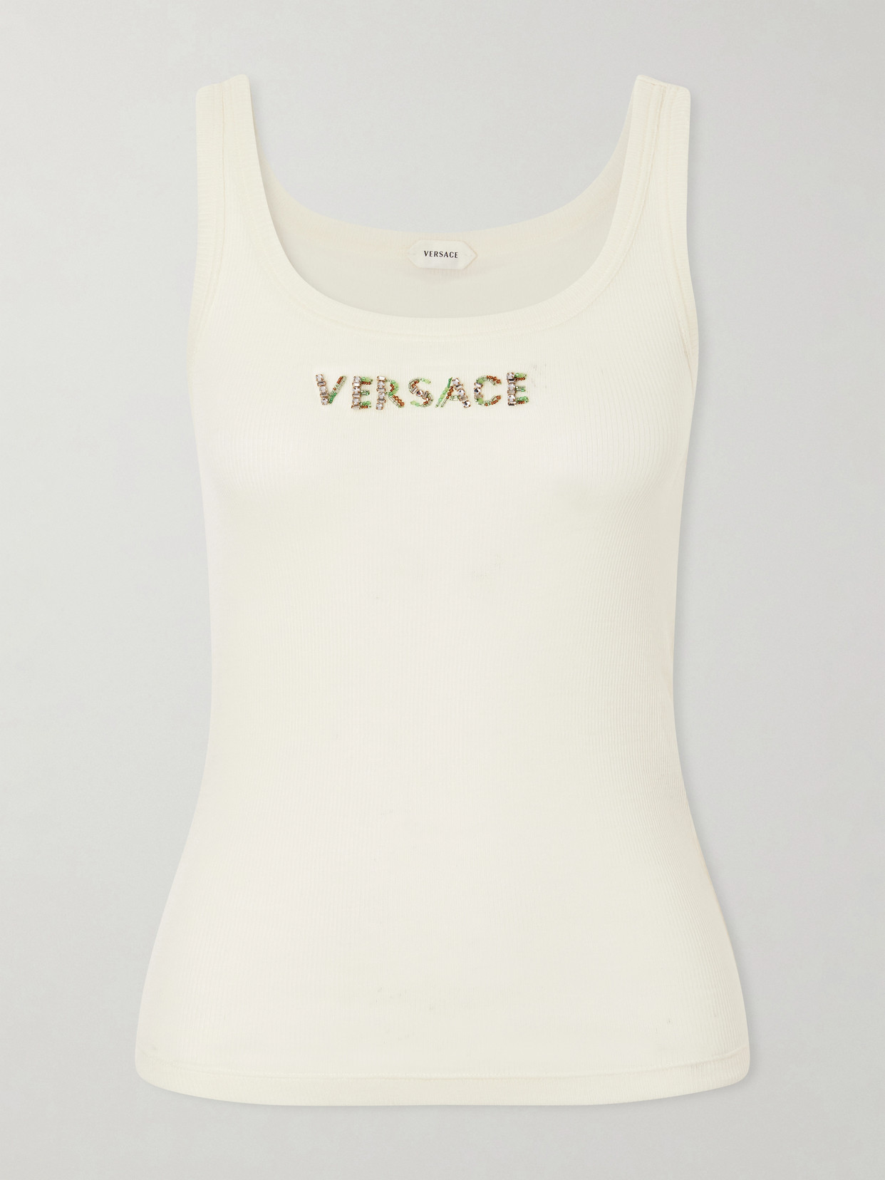 Versace Crystal And Bead-embellished Logo-embroidered Wool Tank In Neutral