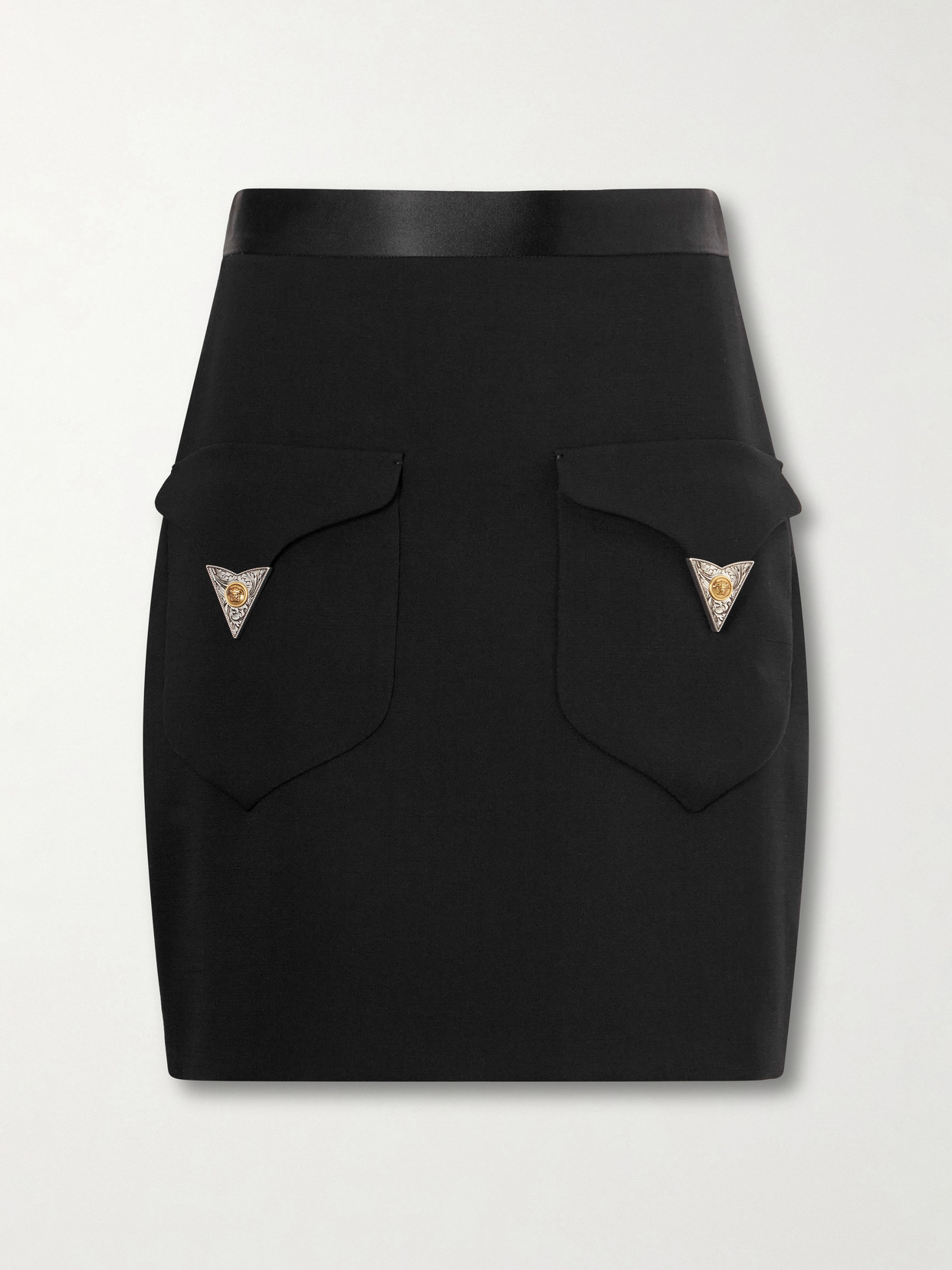 Versace Medusa-embellished Silk-trimmed Wool-blend Mini Skirt In Black