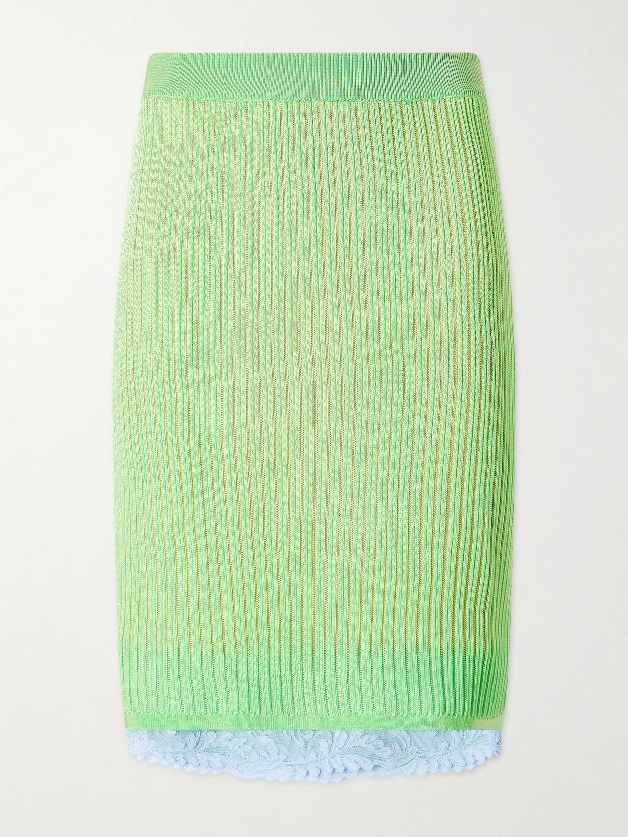 Lace-trimmed ribbed-knit midi skirt