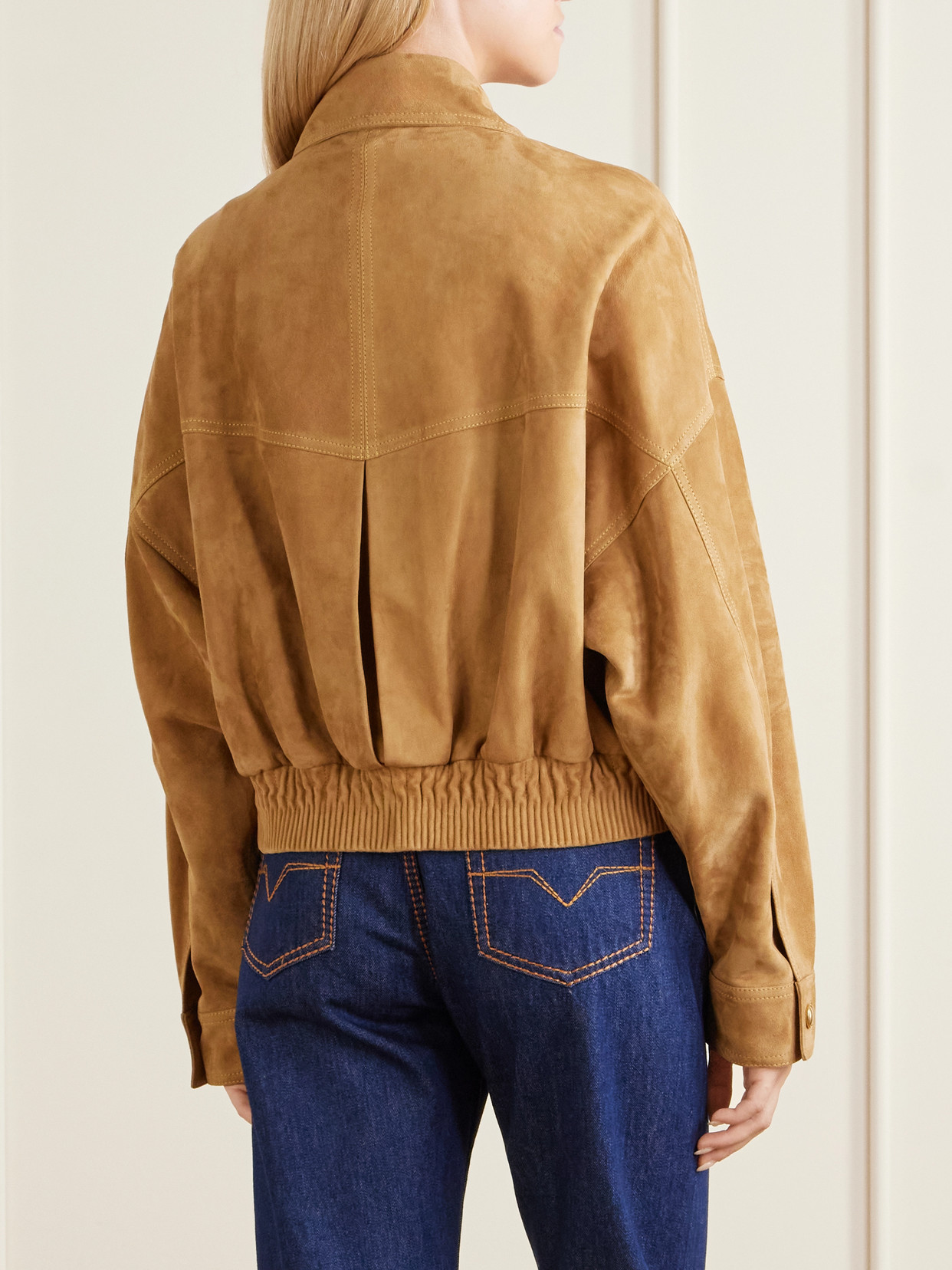 Versace Beige Suede Pointed Collar Elasticated Hem Jacket In Brown