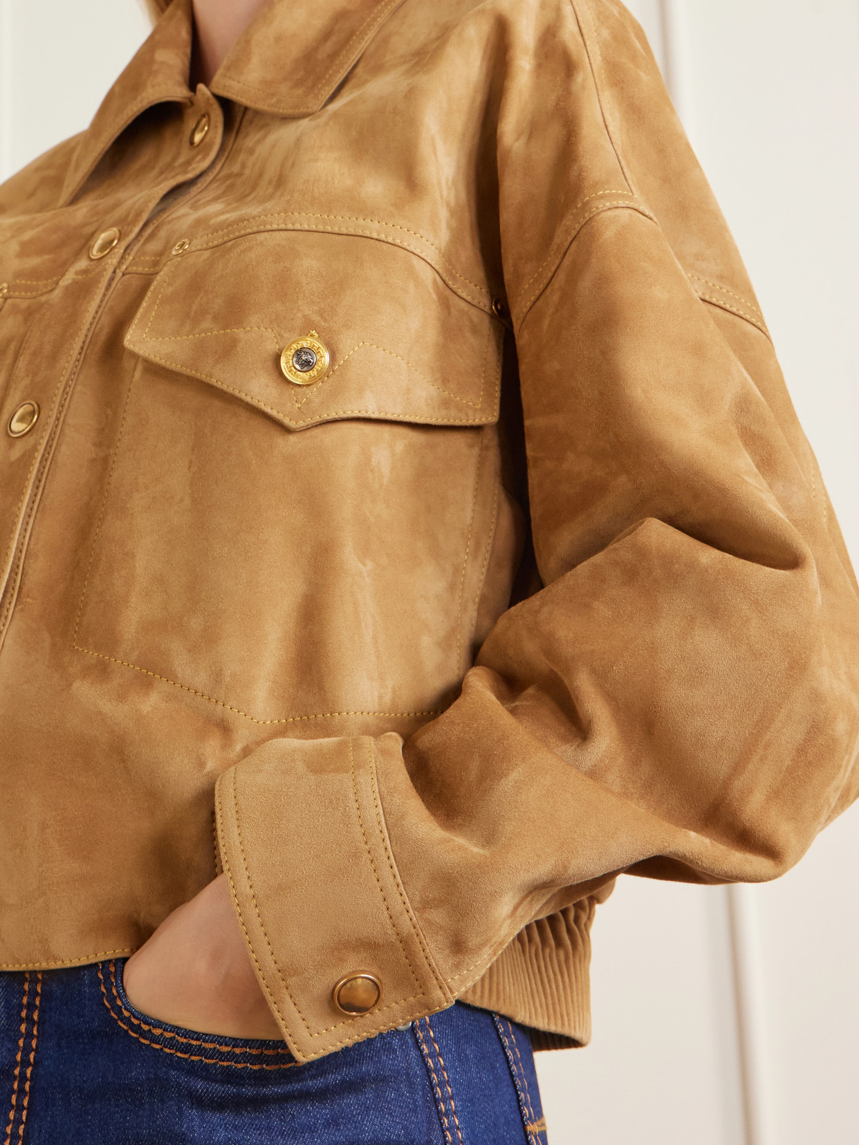 Versace Beige Suede Pointed Collar Elasticated Hem Jacket In Brown