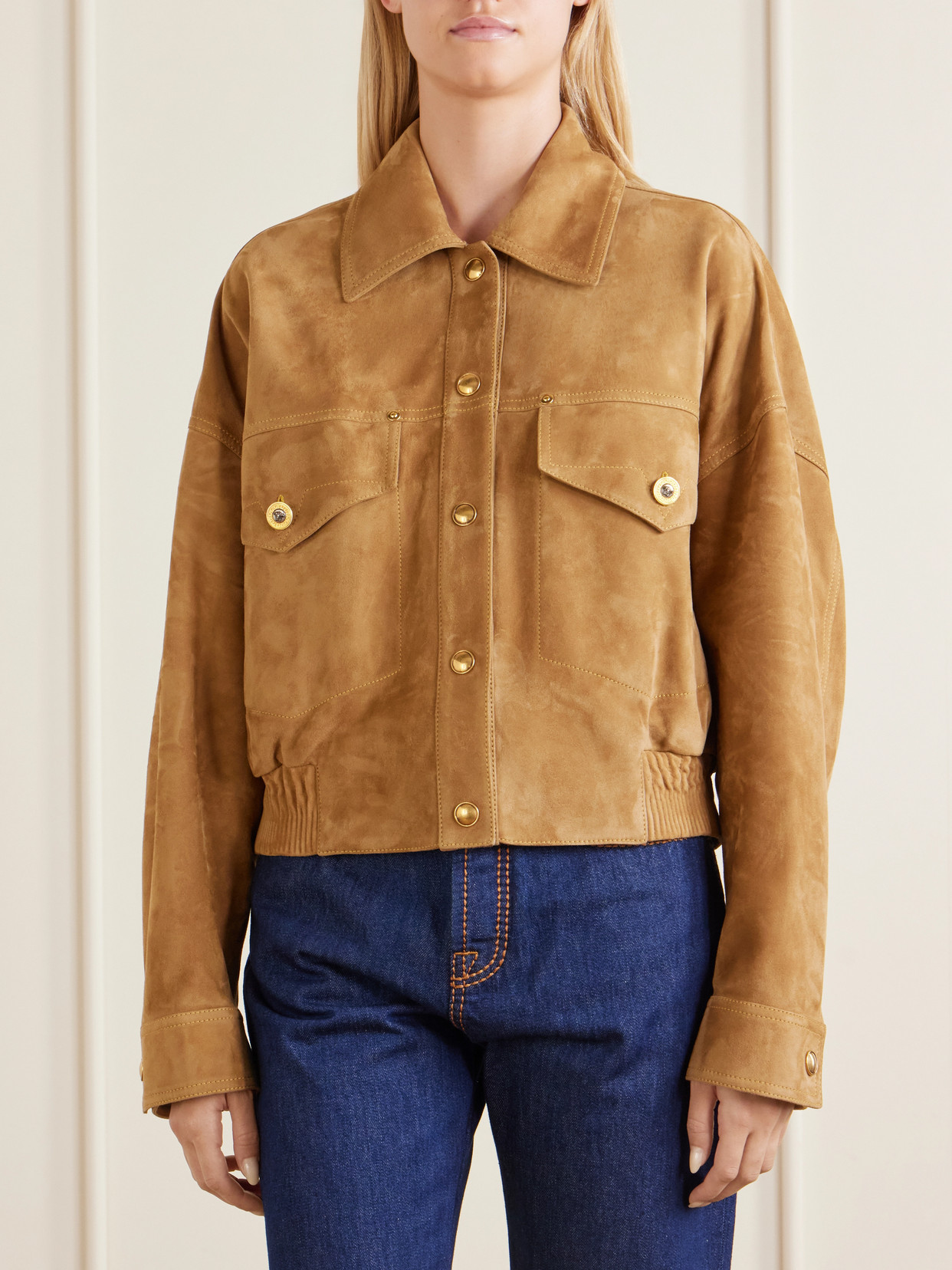 Versace Beige Suede Pointed Collar Elasticated Hem Jacket In Brown