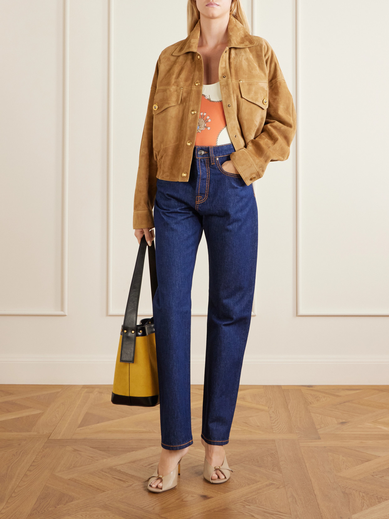 Versace Beige Suede Pointed Collar Elasticated Hem Jacket In Brown