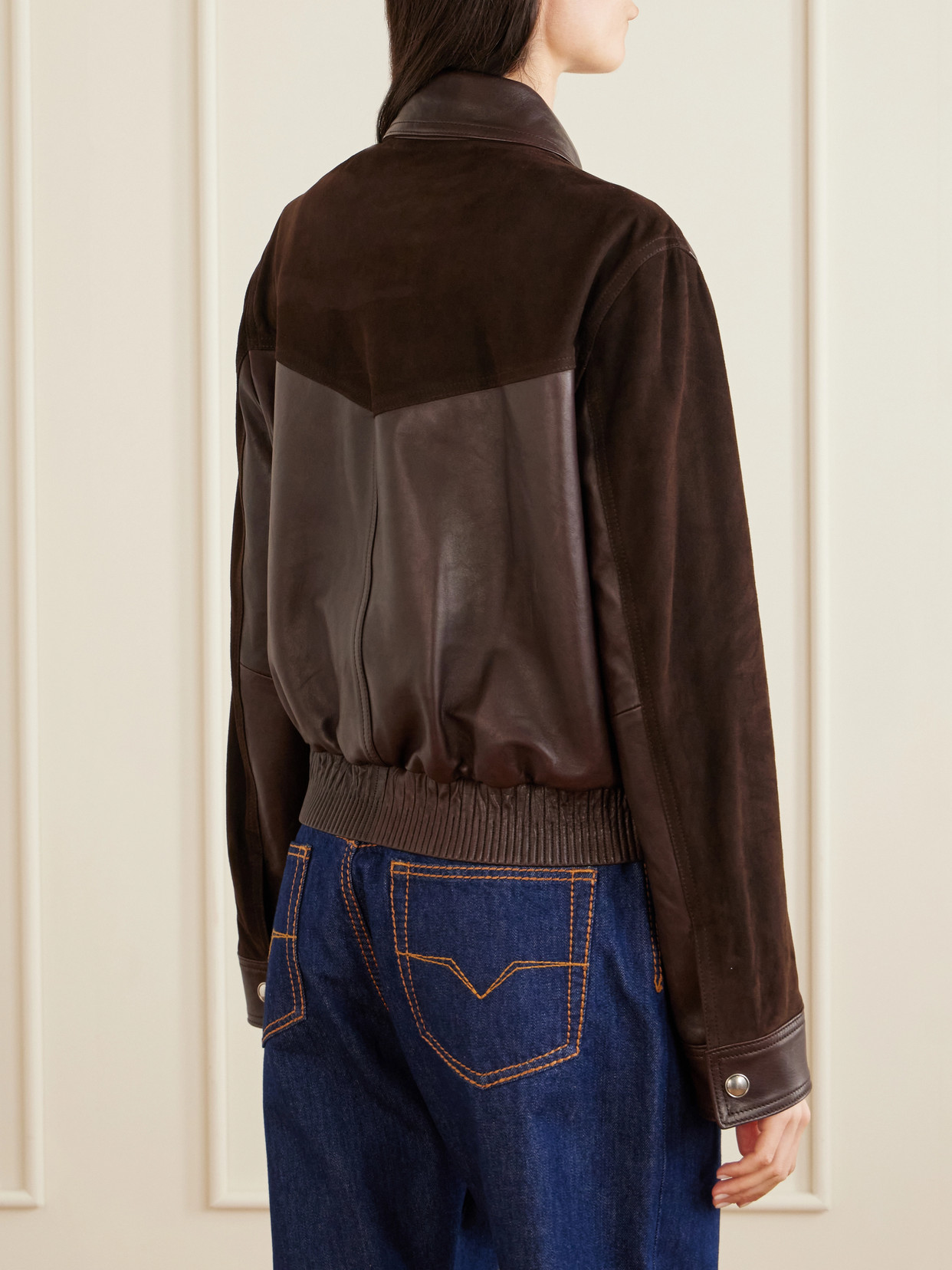 Versace Greca-embossed Leather And Suede Jacket In Brown