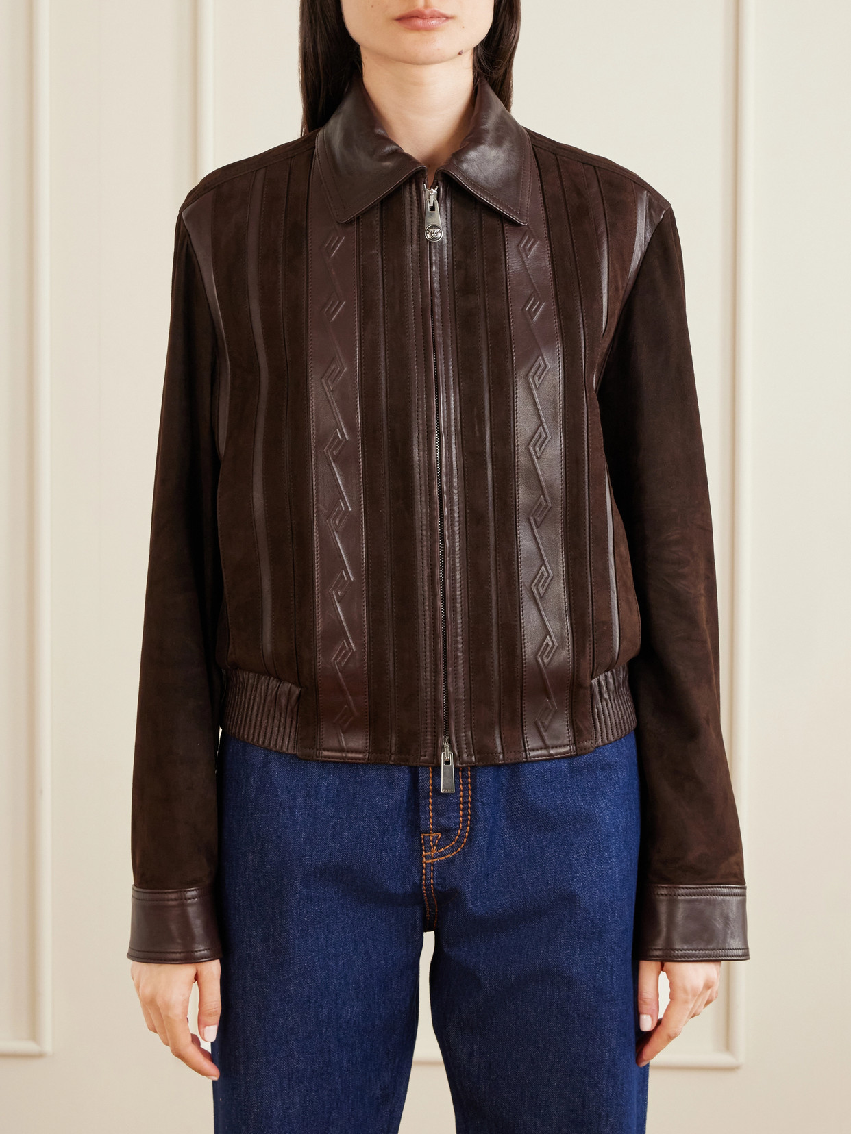Versace Greca-embossed Leather And Suede Jacket In Brown