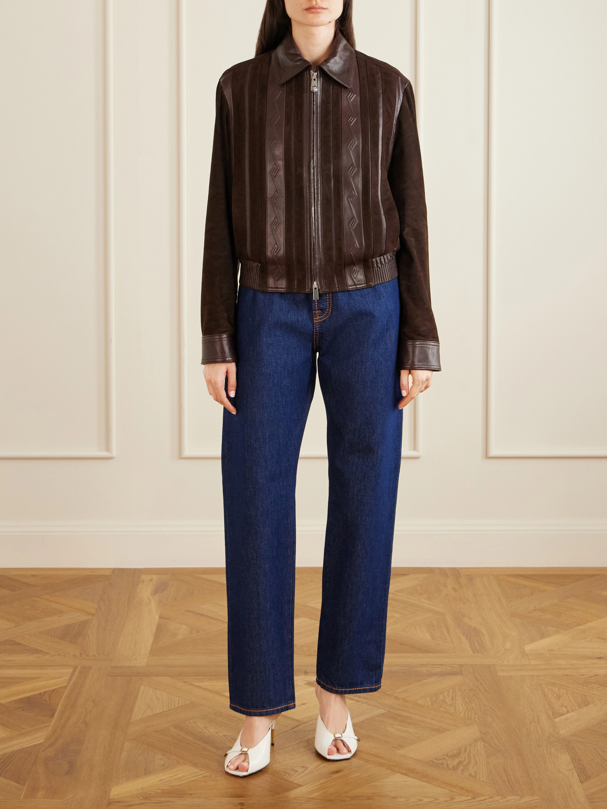 Versace Greca-embossed Leather And Suede Jacket In Brown