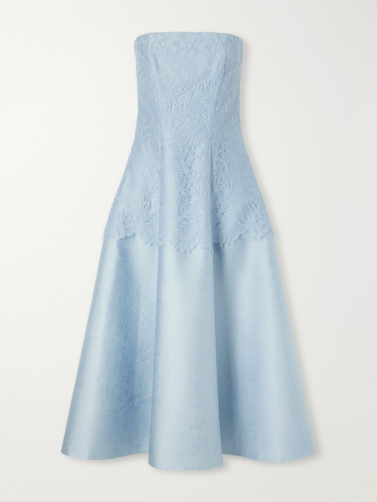 Meja embossed cloque lace trimmed midi dress