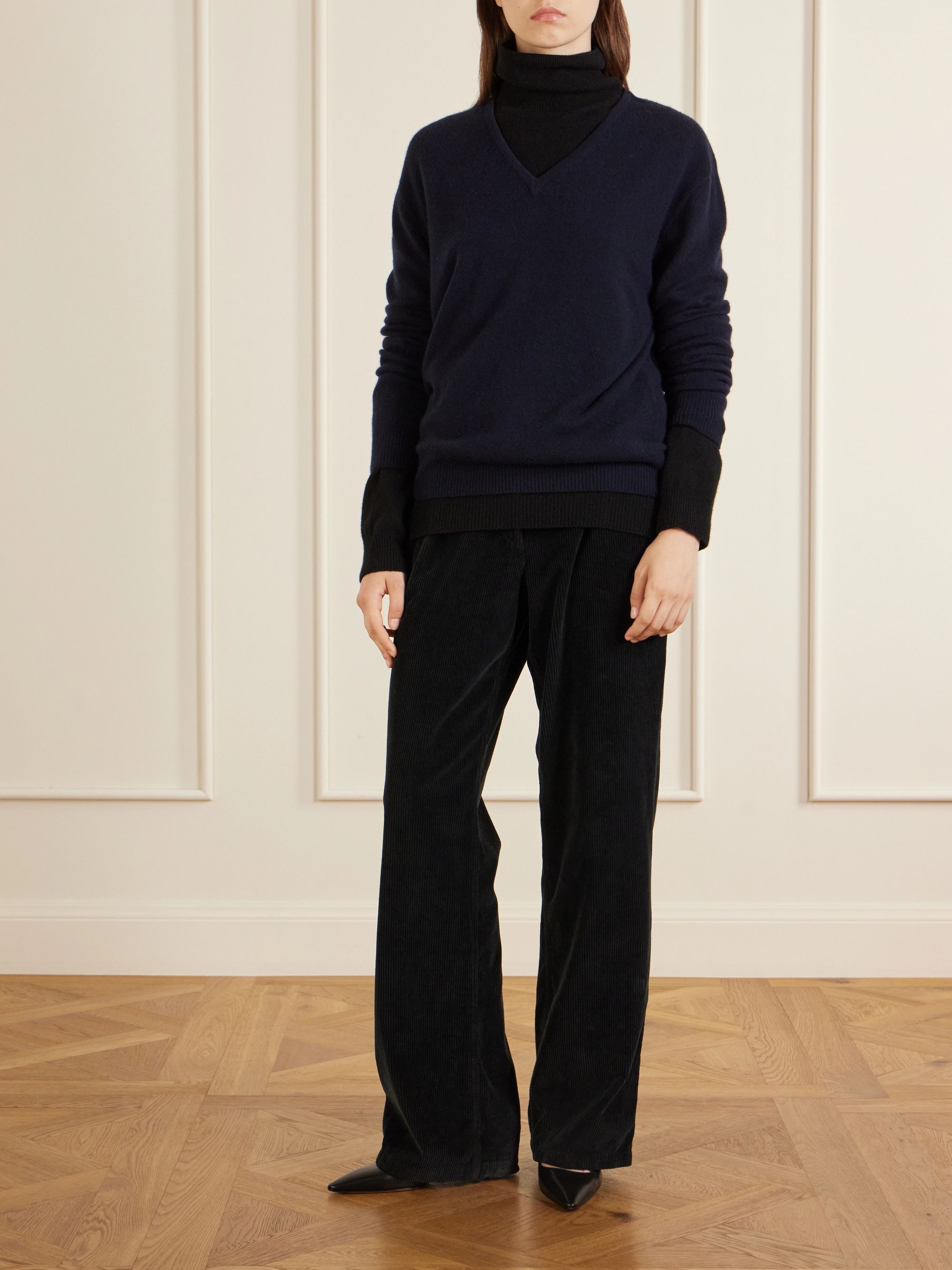 The Row Adler Pleated Cotton-Corduroy Wide-Leg Trousers front view flat lay