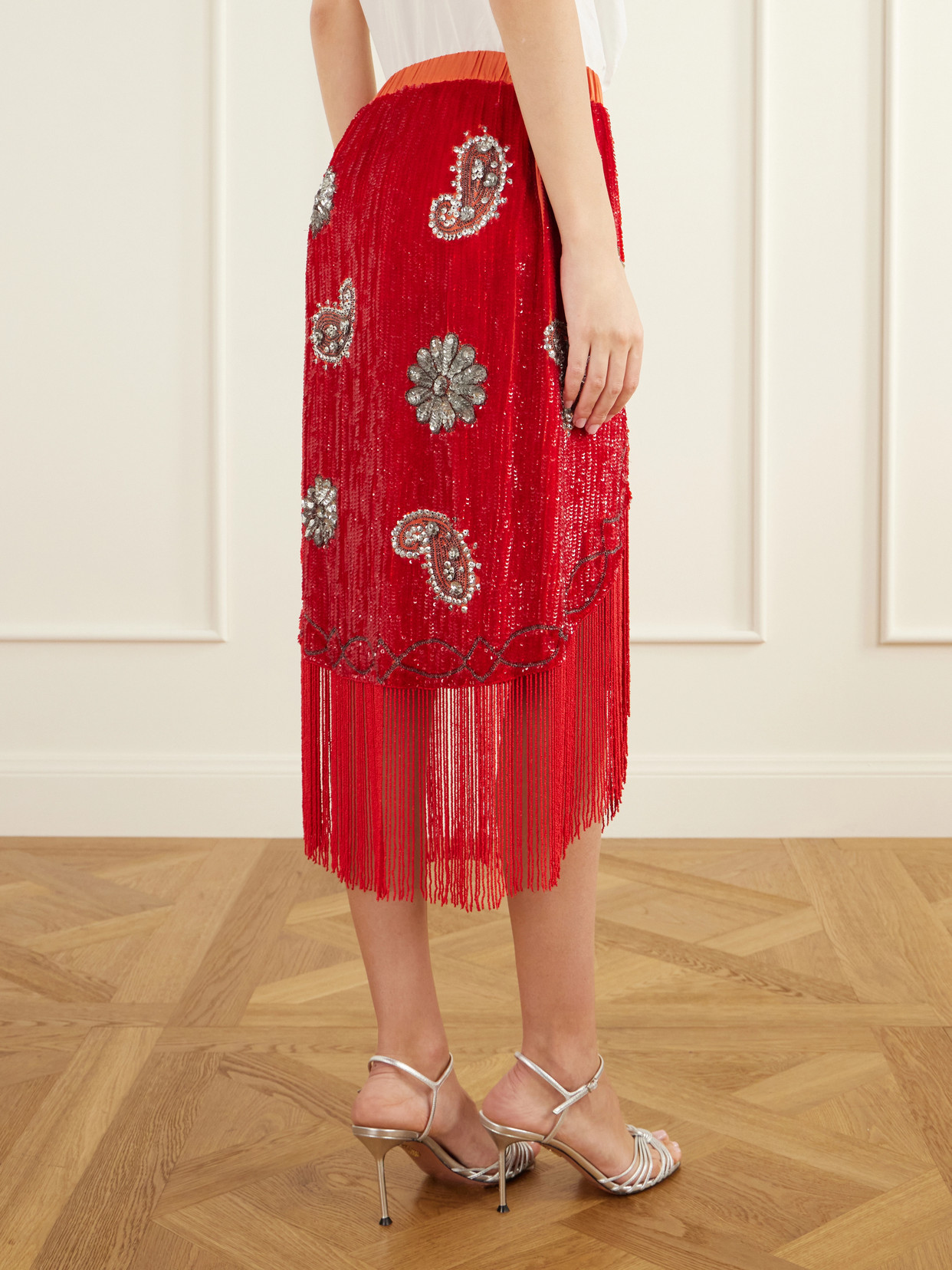 Sundance Asymmetrical Sequin-Embellished Fringed Woven Midi