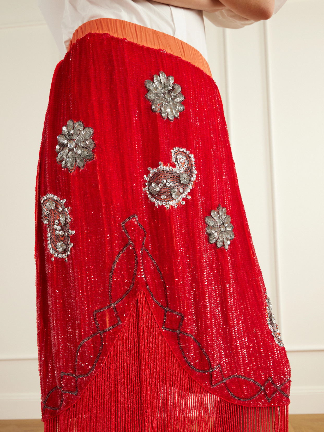 Sundance Asymmetrical Sequin-Embellished Fringed Woven Midi