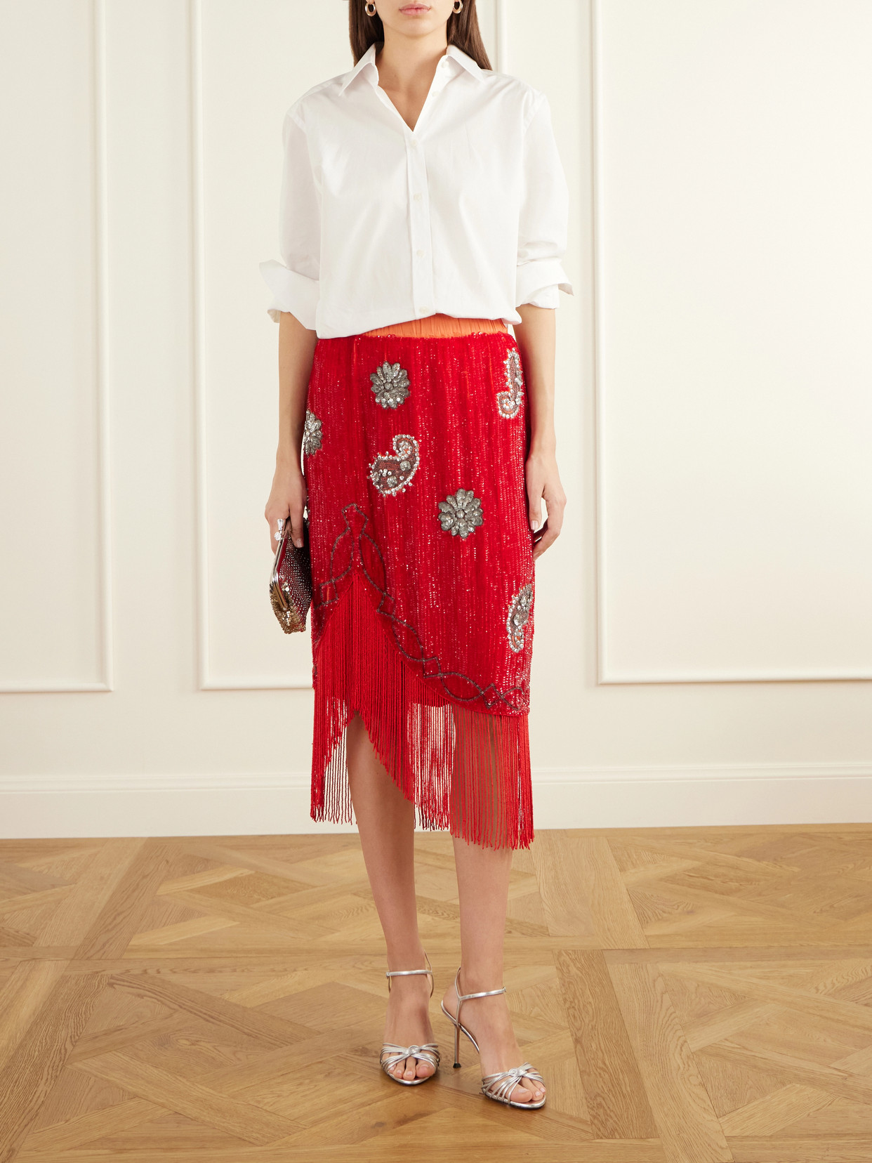 Sundance Asymmetrical Sequin-Embellished Fringed Woven Midi