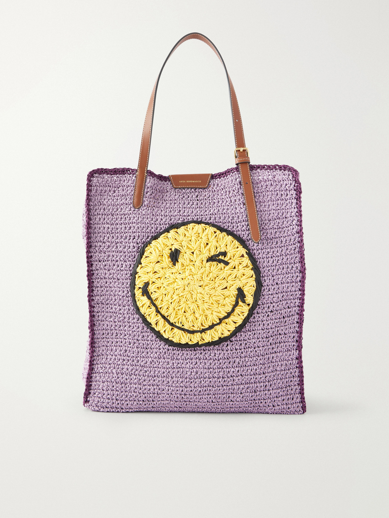 Anya Hindmarch Wink Leather-trimmed Raffia Tote In Purple