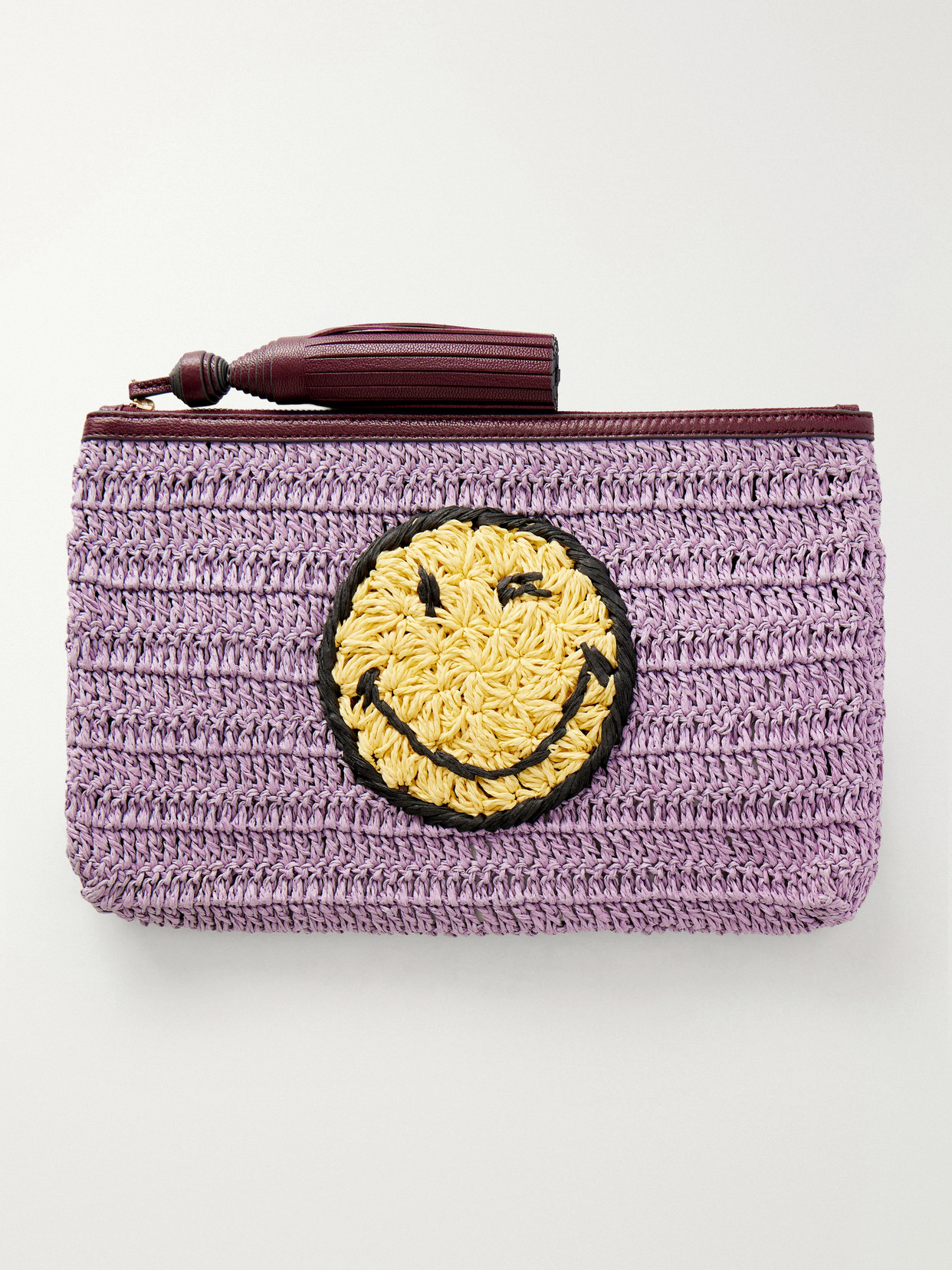 Anya Hindmarch Wink Tasseled Leather-trimmed Raffia Clutch Bag In Red
