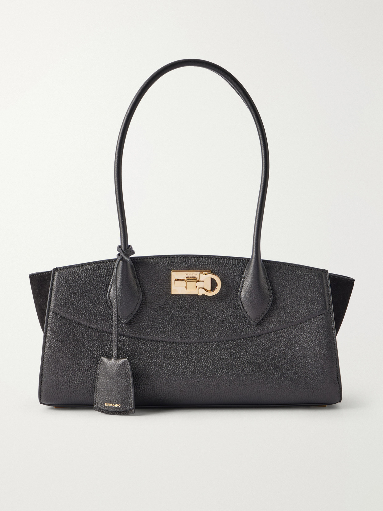 Ferragamo Studio East West Suede-trimmed Textured-leather Shoulder Bag In Black