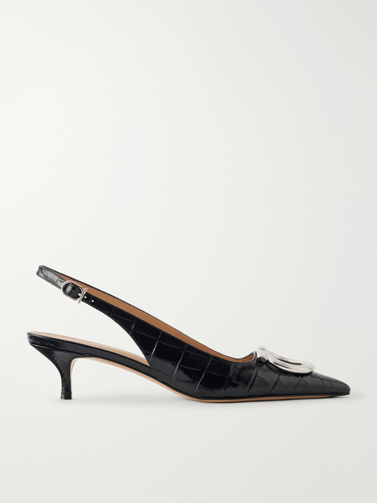Ferragamo - Sara 40 Embellished Croc-effect Leather Slingback Pumps - Black