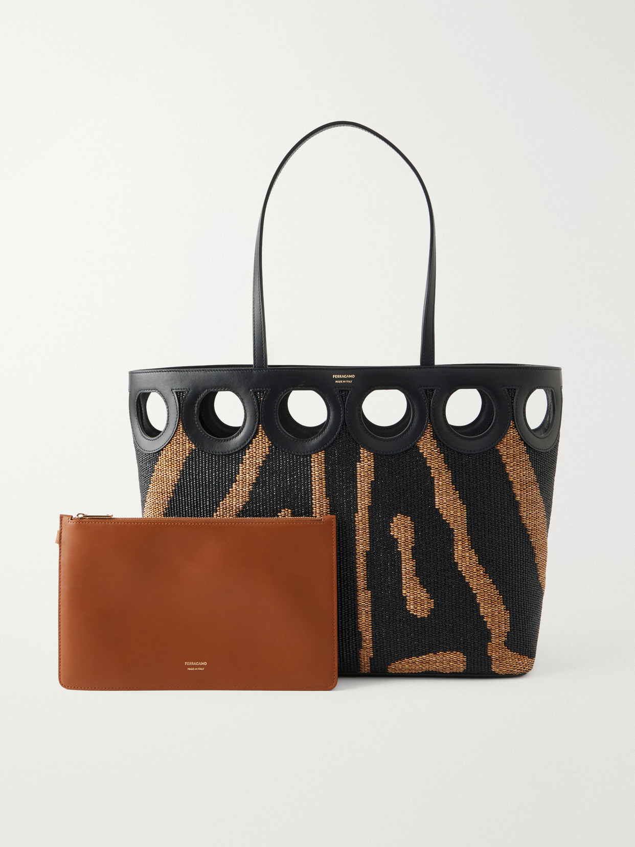 Leather-Trimmed Raffia Tote