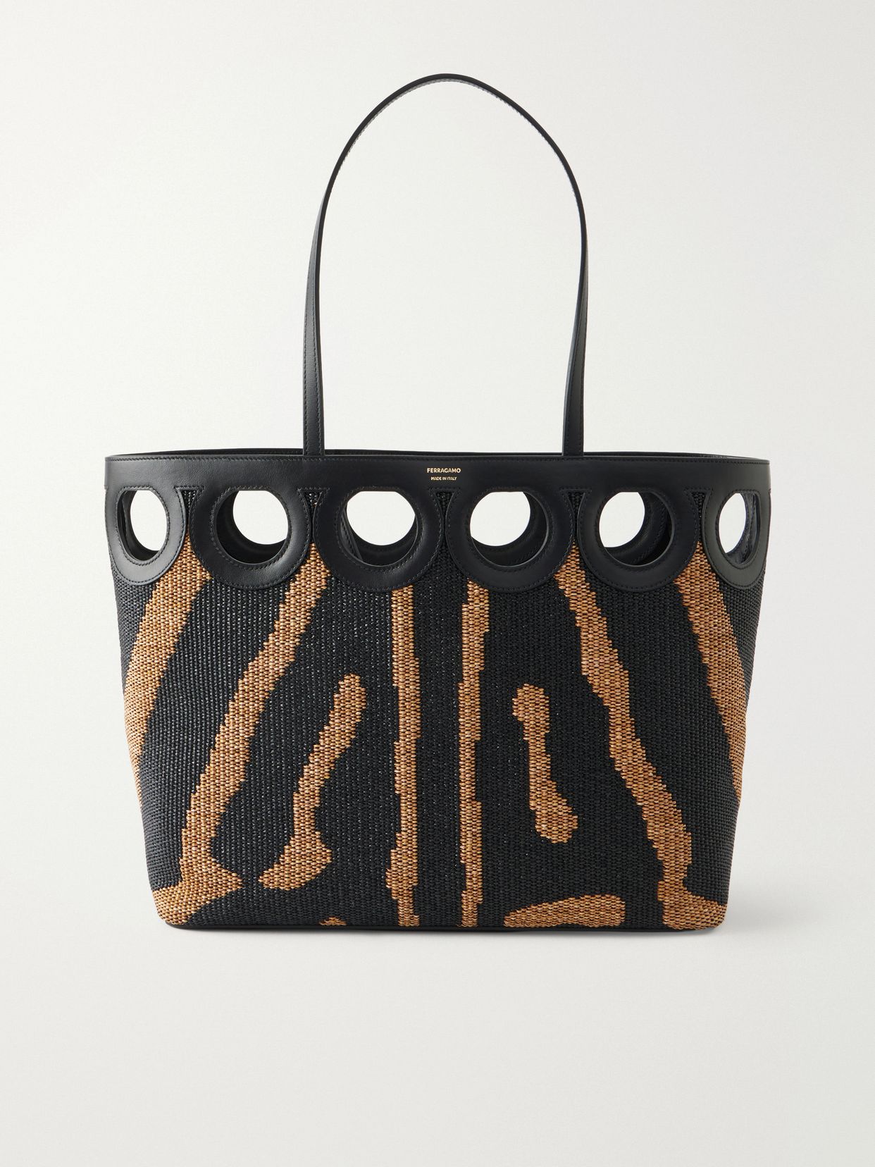 Leather-trimmed raffia tote