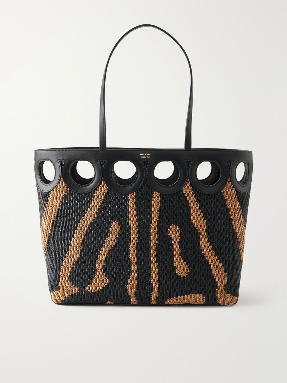 Leather-trimmed raffia tote