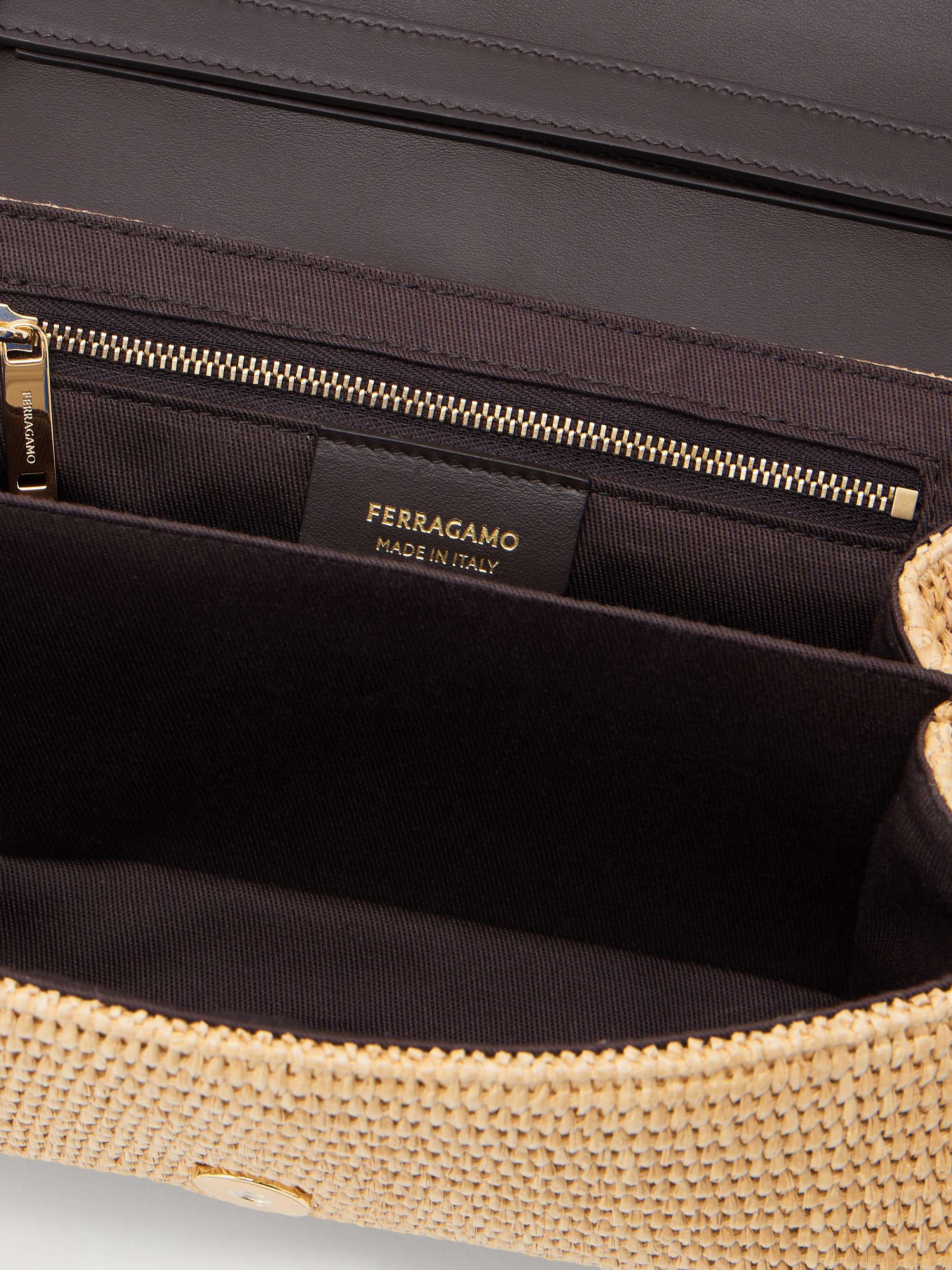 MADE IN　ITALY　ショルダーバック　Ferragamo FERRAGAMO Leather-trimmed woven raffia cross body bag | NET-A-PORTER