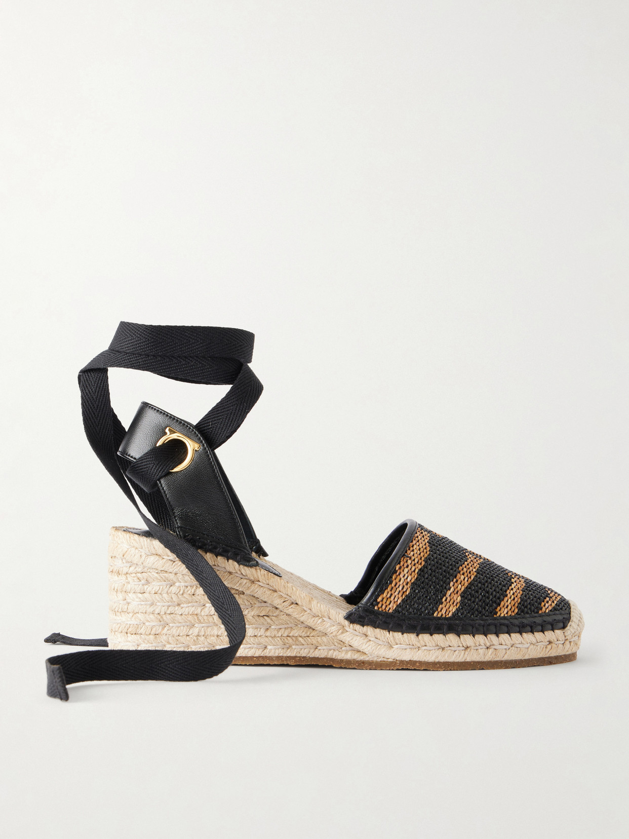 Ferragamo Zanta Zebra 70 Leather-trimmed Woven Raffia Espadrillas Wedge In Black