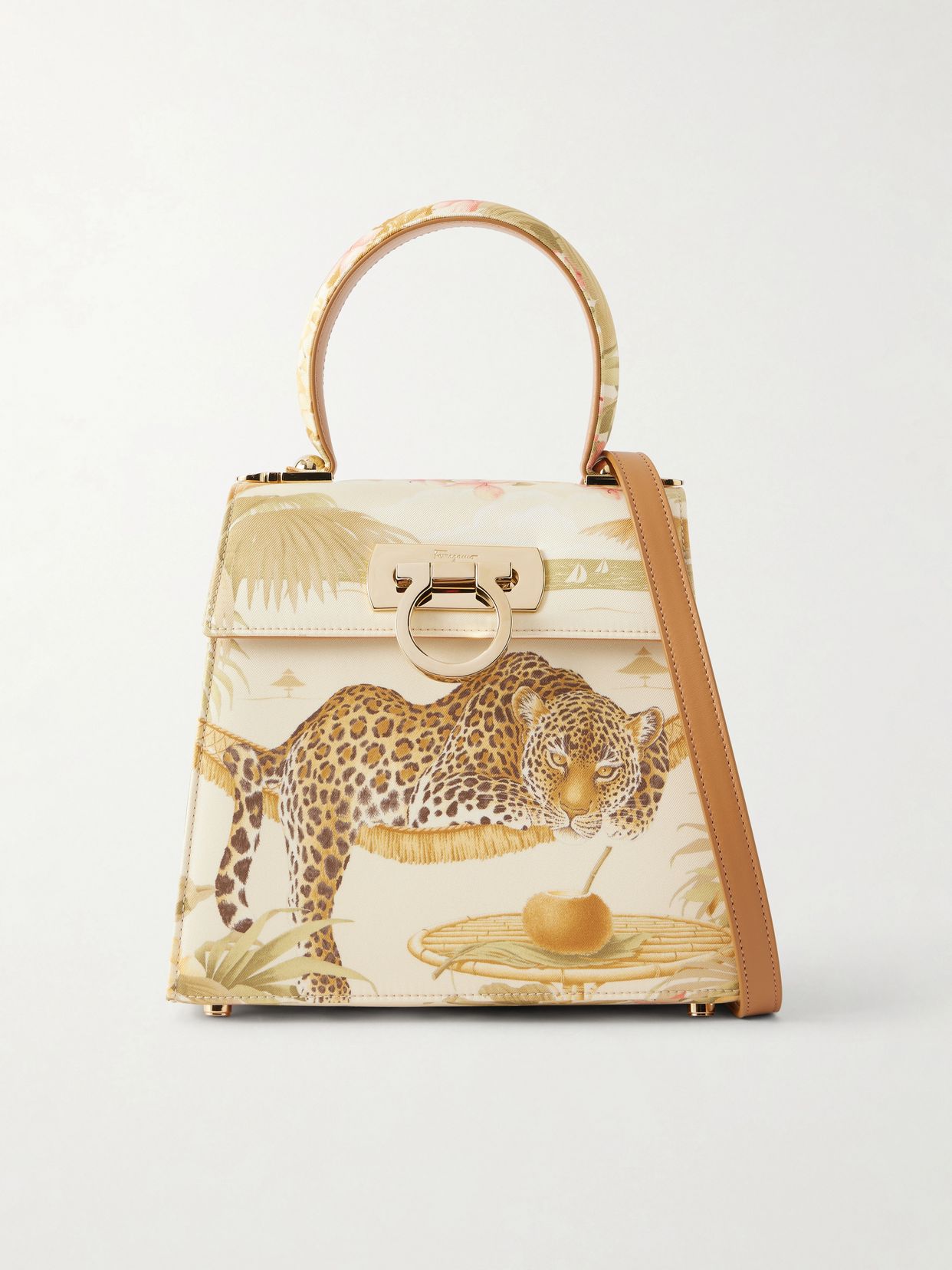 Leather-trimmed printed canvas shoulder bag