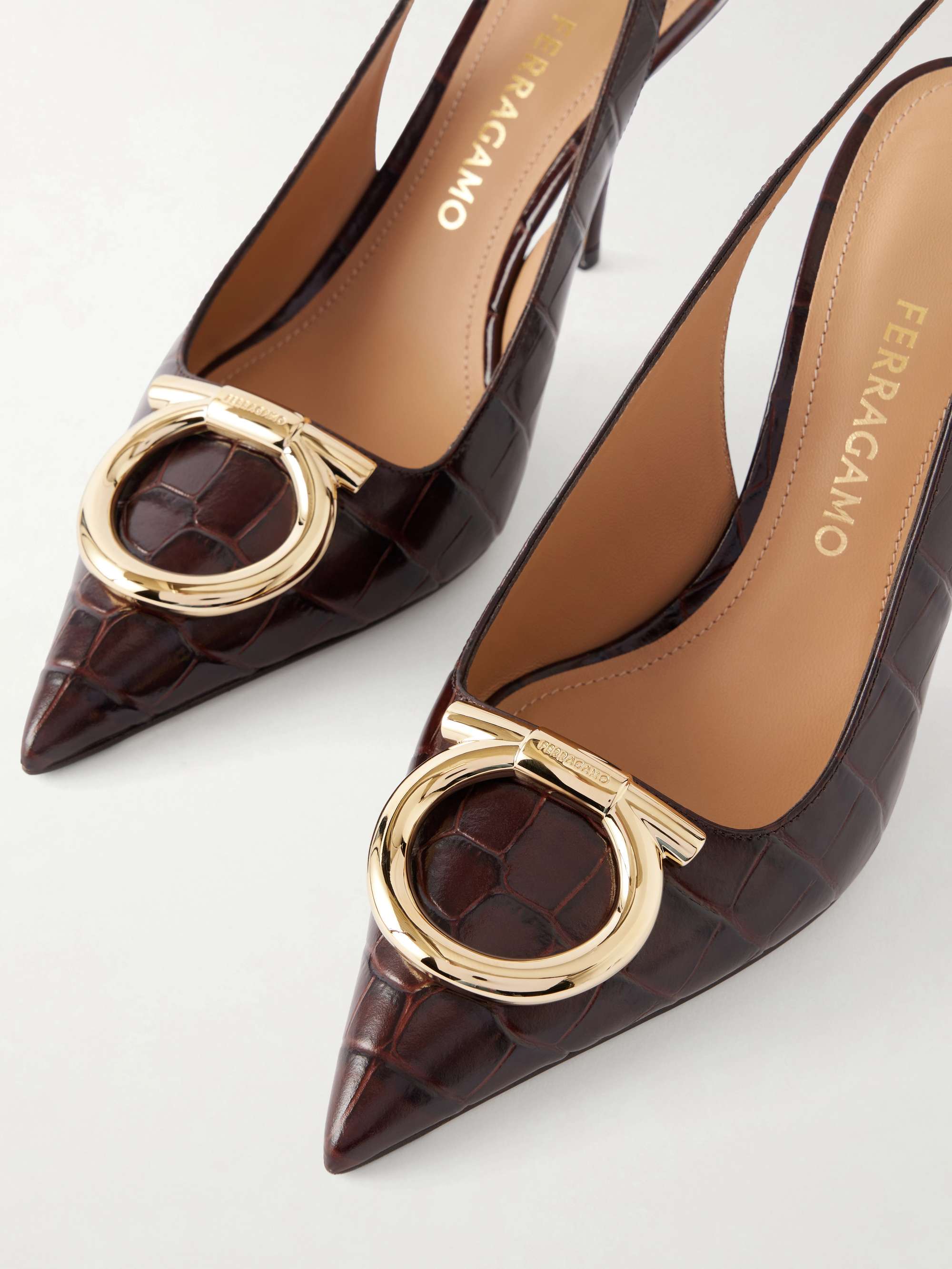FERRAGAMO Sara 95 croc-effect leather slingback pumps | NET-A-PORTER