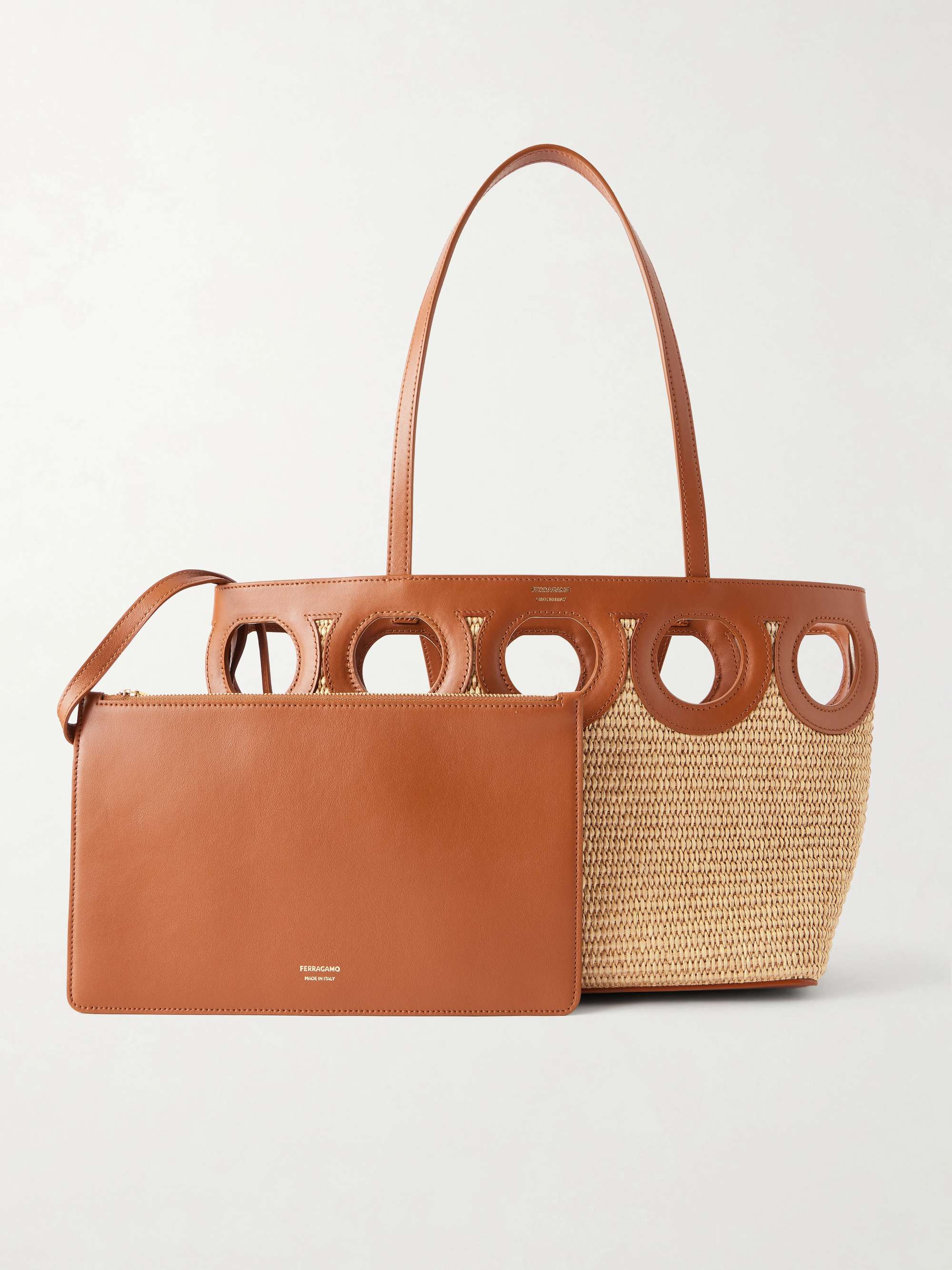 FERRAGAMO TT Gancio Small leather-trimmed raffia tote bag | NET-A