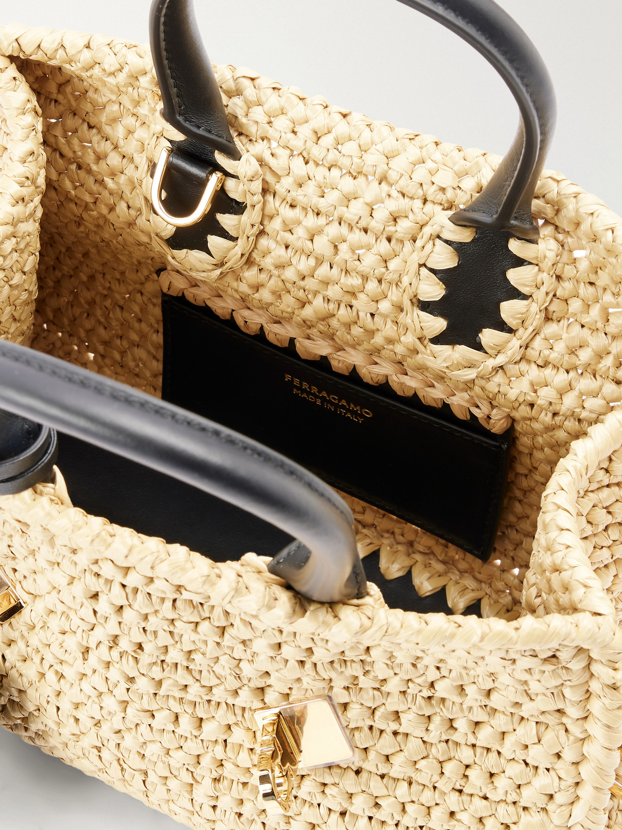Hug Leather-Trimmed Raffia Mini Shoulder Bag