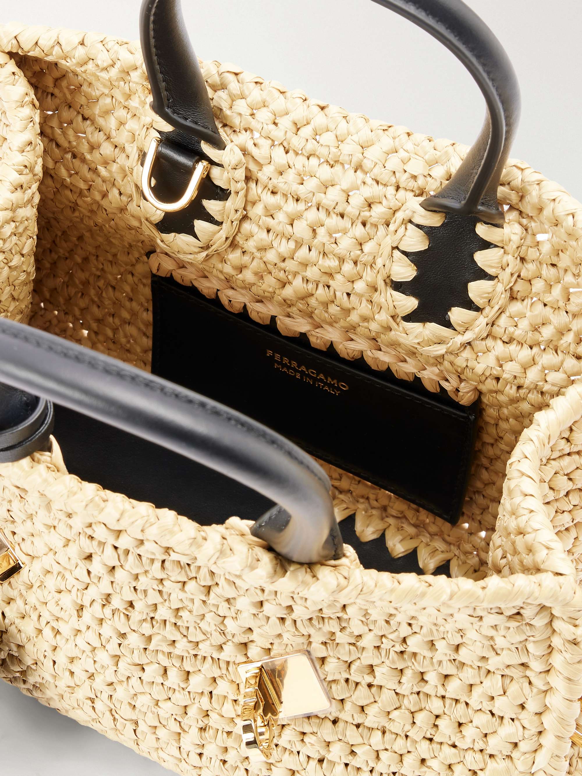 MADE IN　ITALY　ショルダーバック　Ferragamo FERRAGAMO Hug leather-trimmed raffia mini shoulder bag | NET-A-PORTER