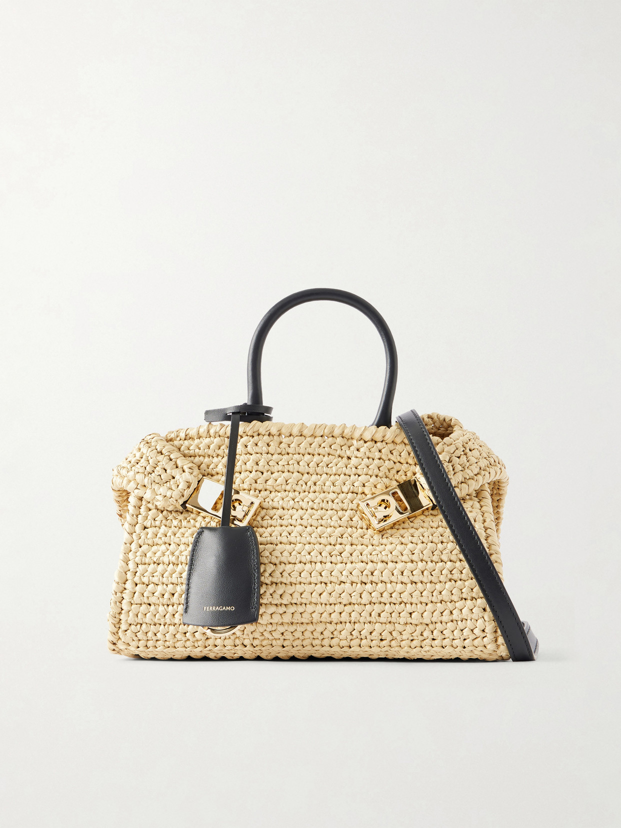 Ferragamo - Hug Leather-trimmed Raffia Mini Shoulder Bag - Neutrals