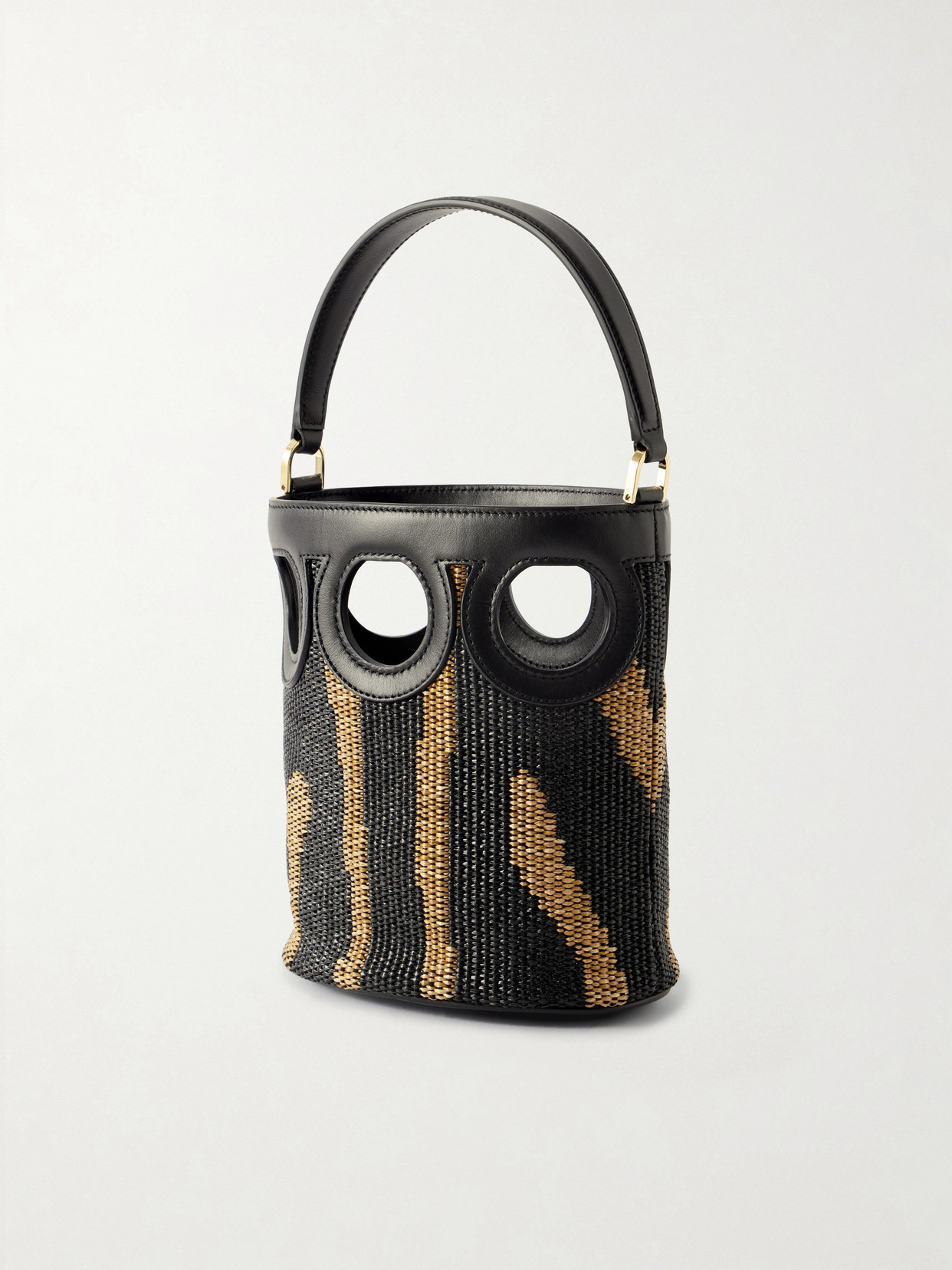 Cutout Leather-Paneled Raffia Tote