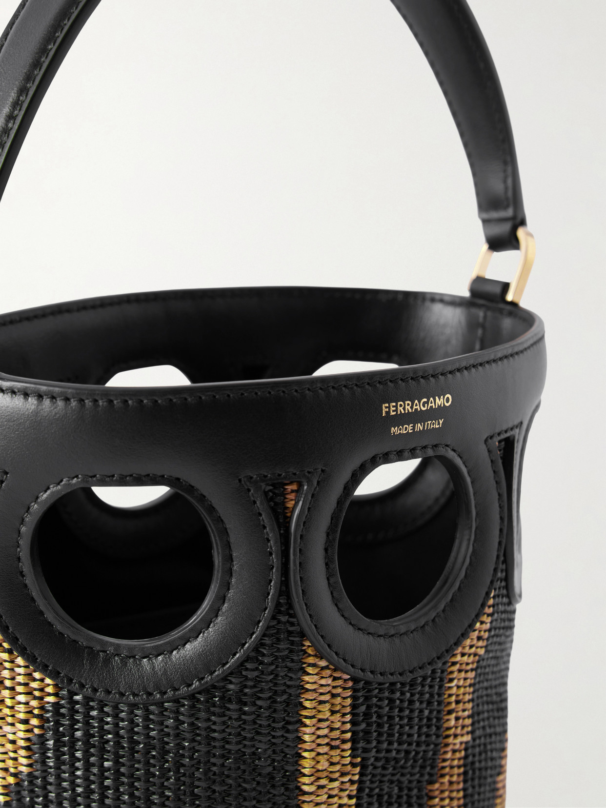 Cutout Leather-Paneled Raffia Tote