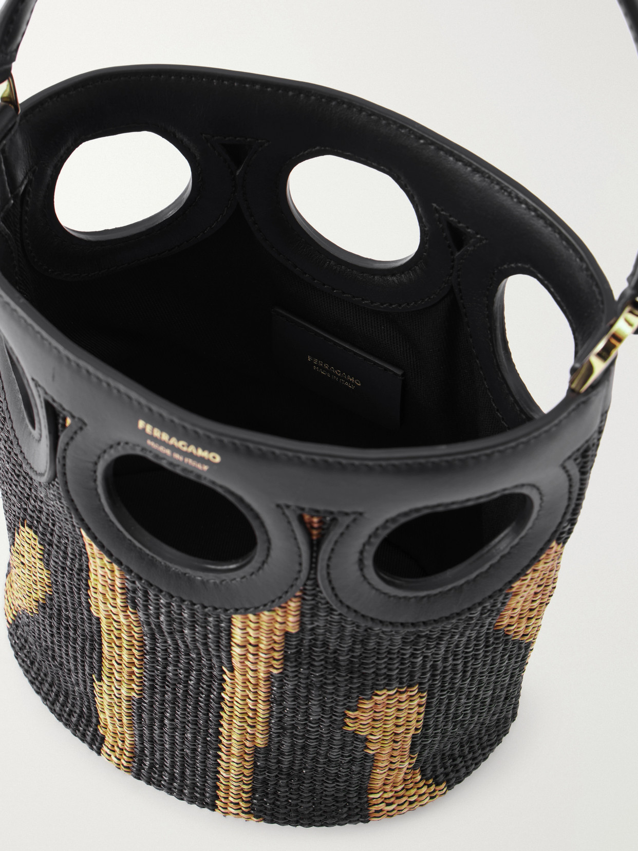 Cutout Leather-Paneled Raffia Tote