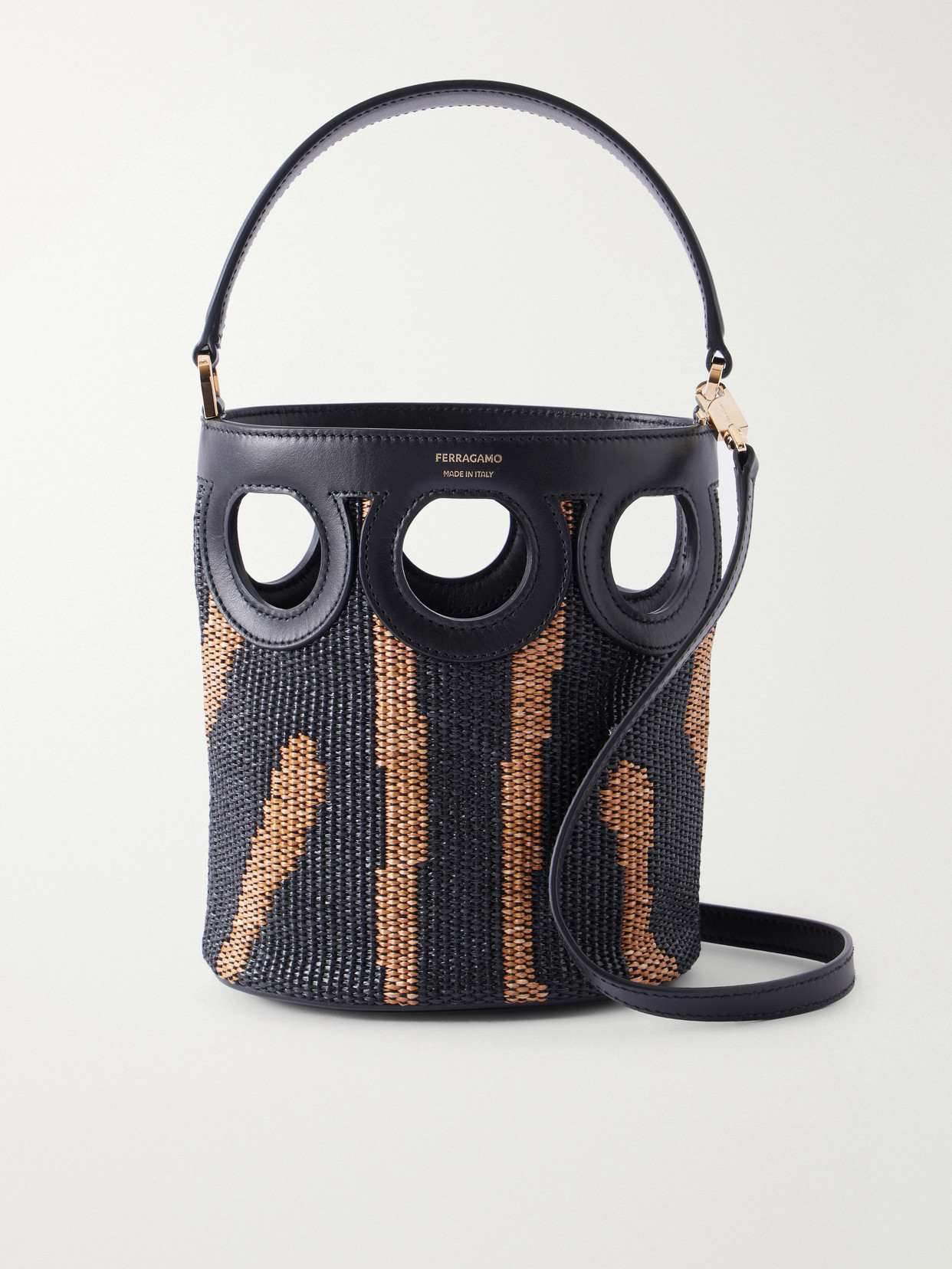 Ferragamo Cutout Leather-paneled Raffia Tote In Multi
