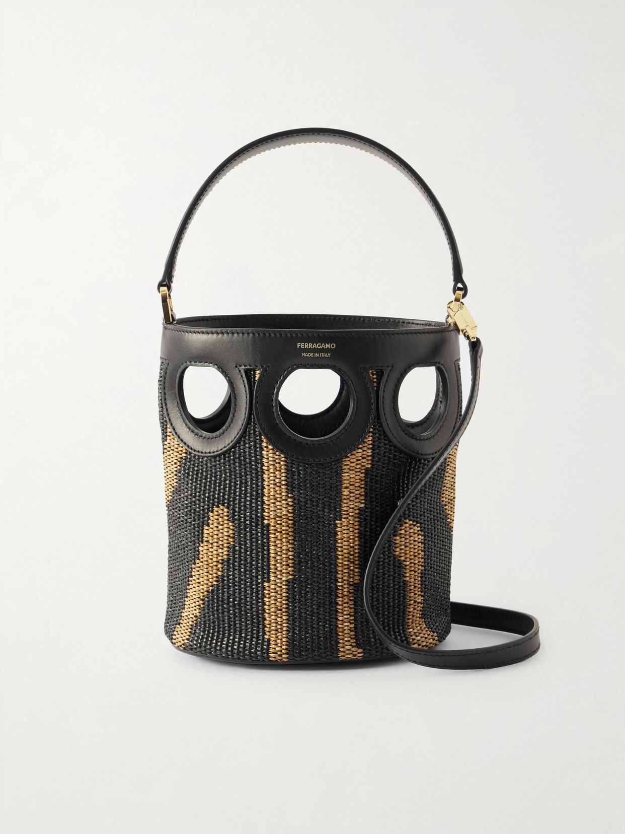 Cutout leather-paneled raffia tote