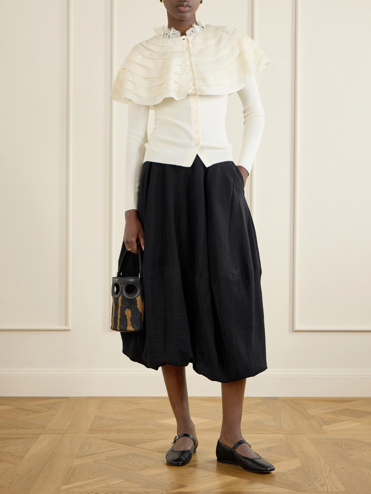Cutout Leather-Paneled Raffia Tote