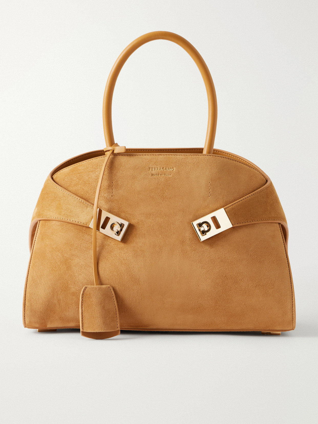 Ferragamo Hug Small Embellished Leather-trimmed Suede Tote In Brown