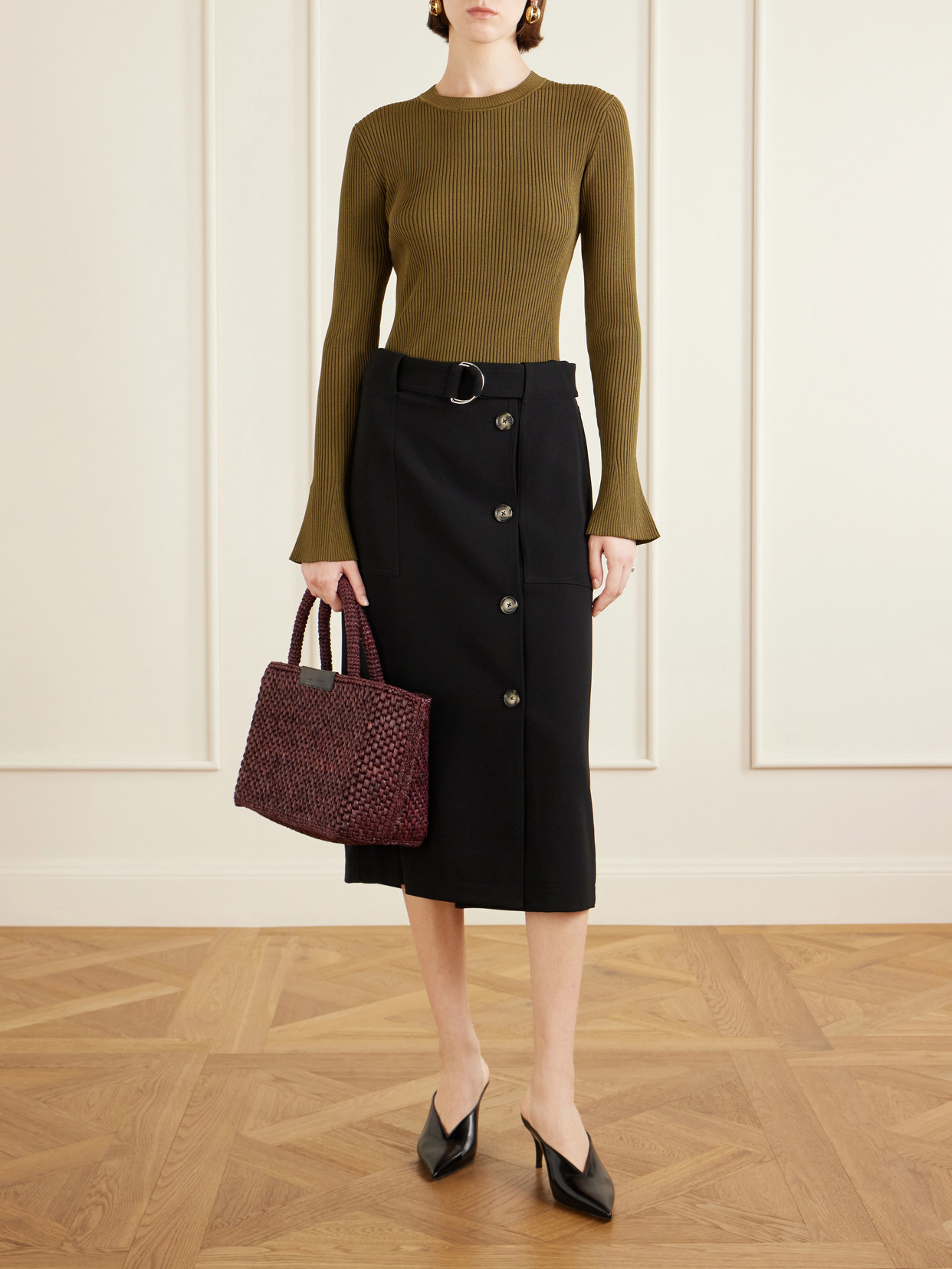 East West Chelsea Leather-Trimmed Raffia Tote