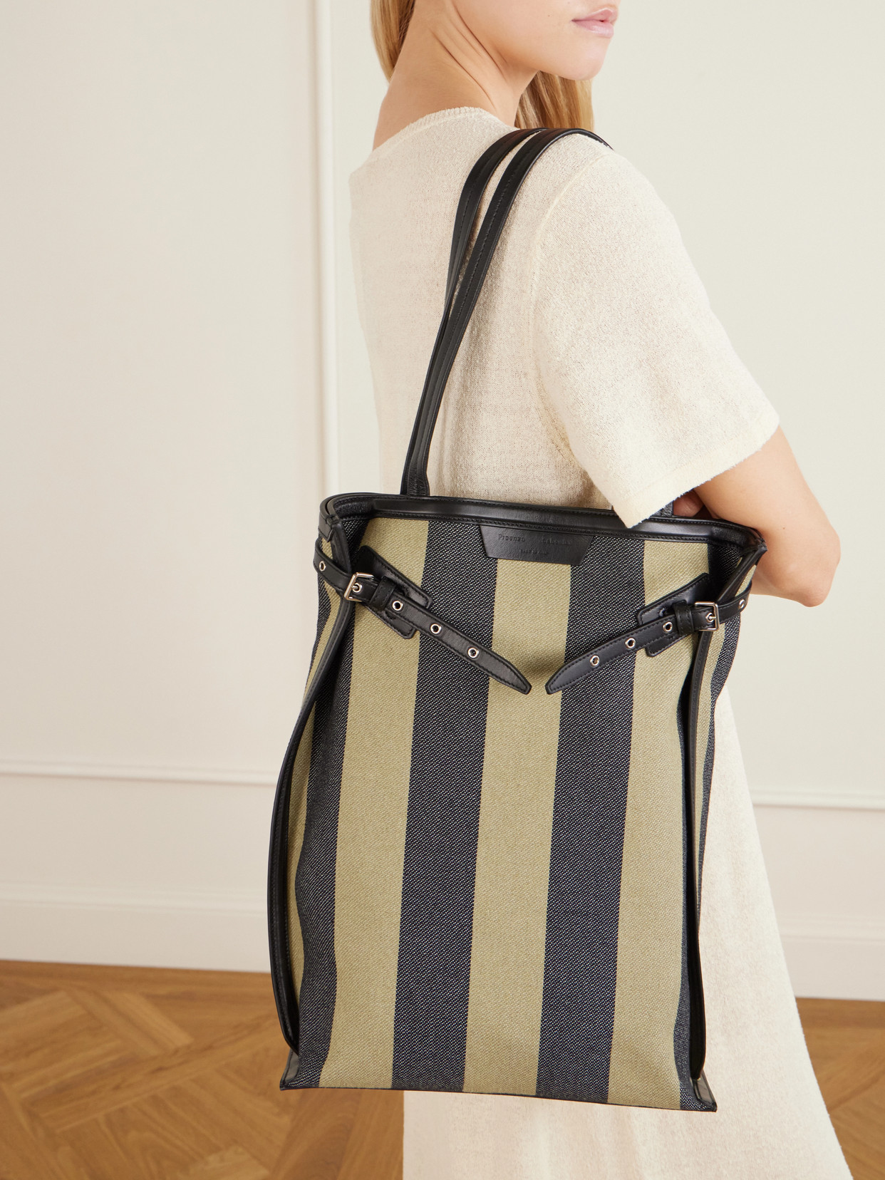 North South Days Striped Leather-Trimmed Canvas Tote