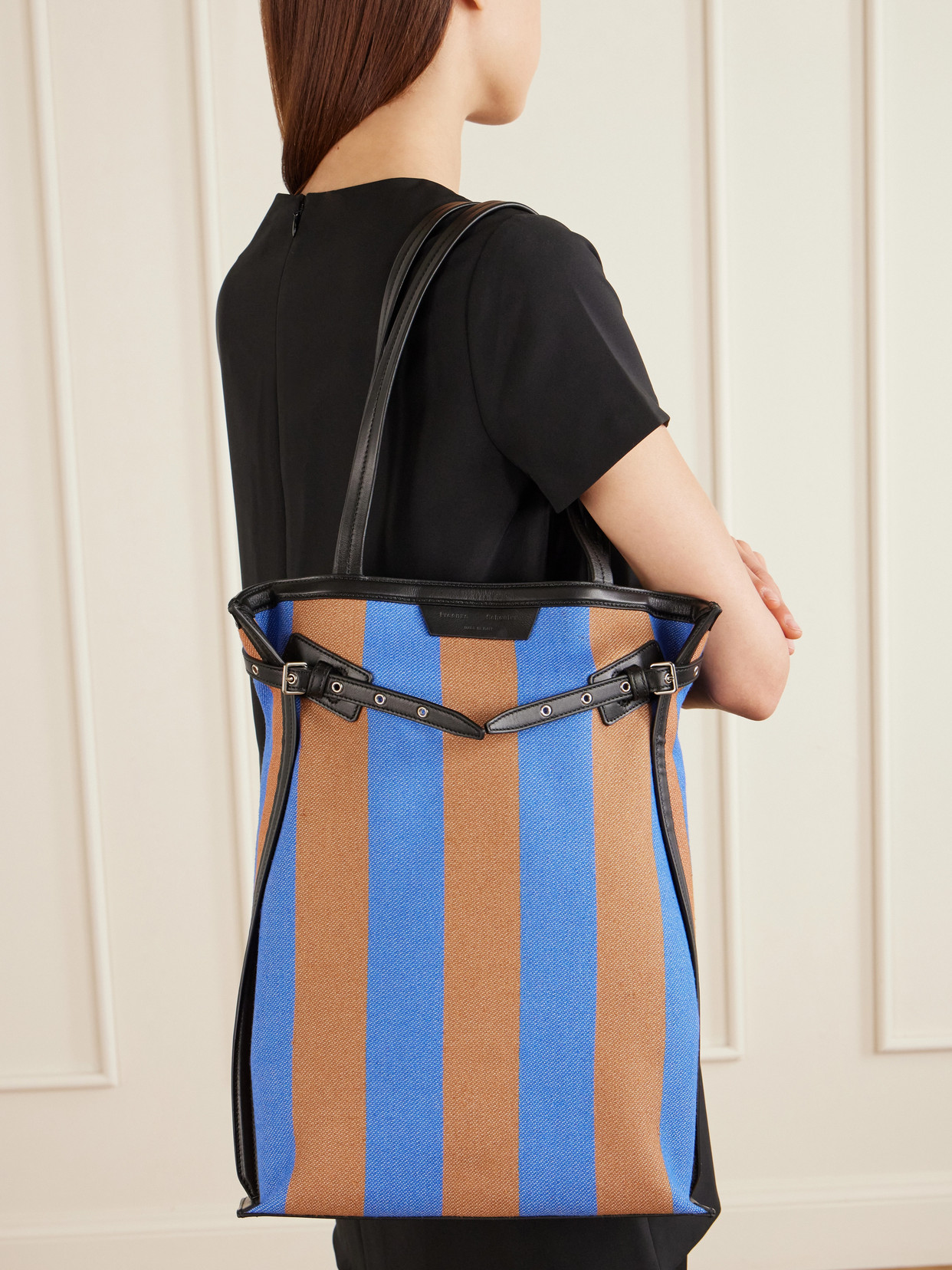 North South Days Striped Leather-Trimmed Canvas Tote