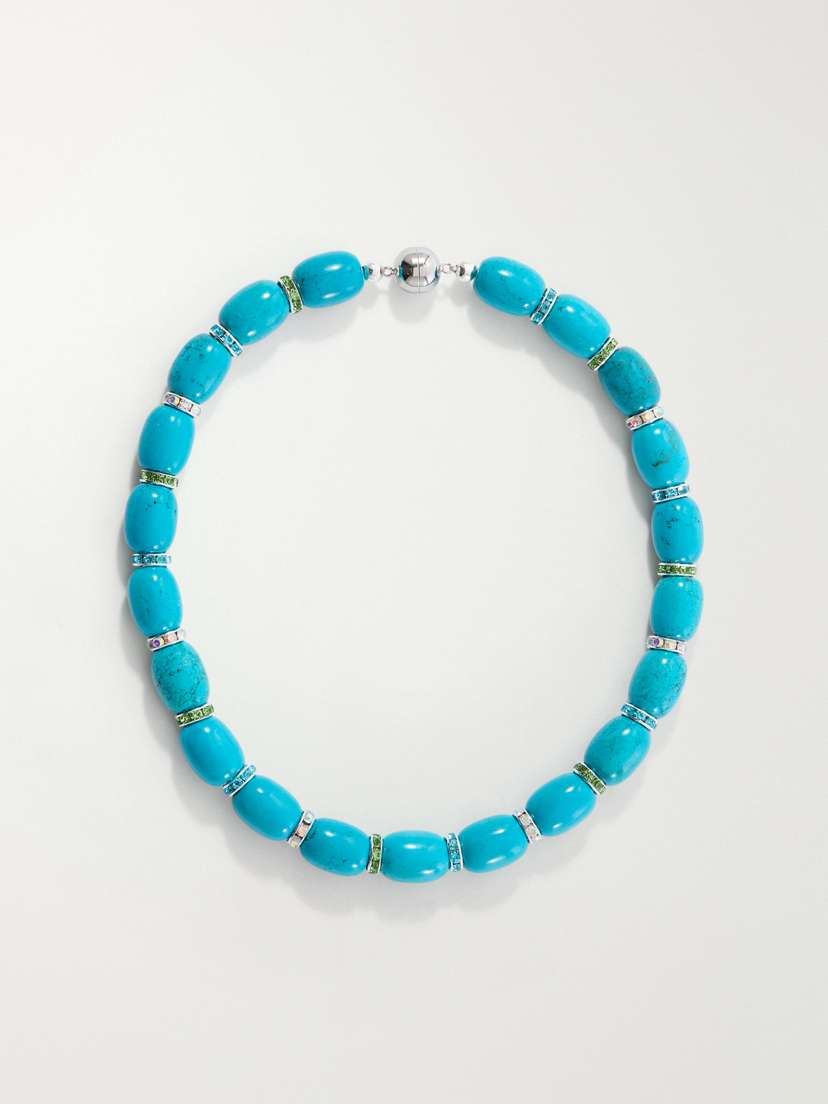 Julietta Donna Rhodium-pleated Turquoise And Crystal Beaded Necklace