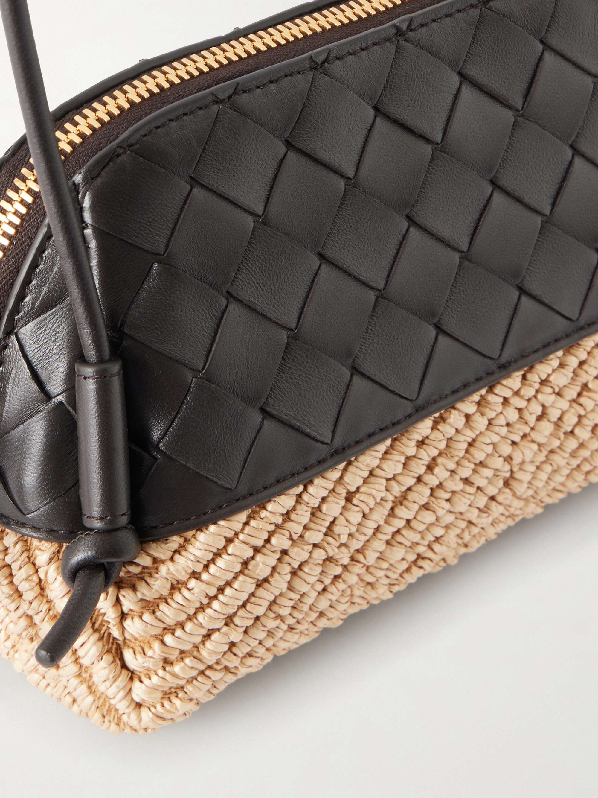 BOTTEGA VENETA Concert Intrecciato leather and raffia pouch | NET