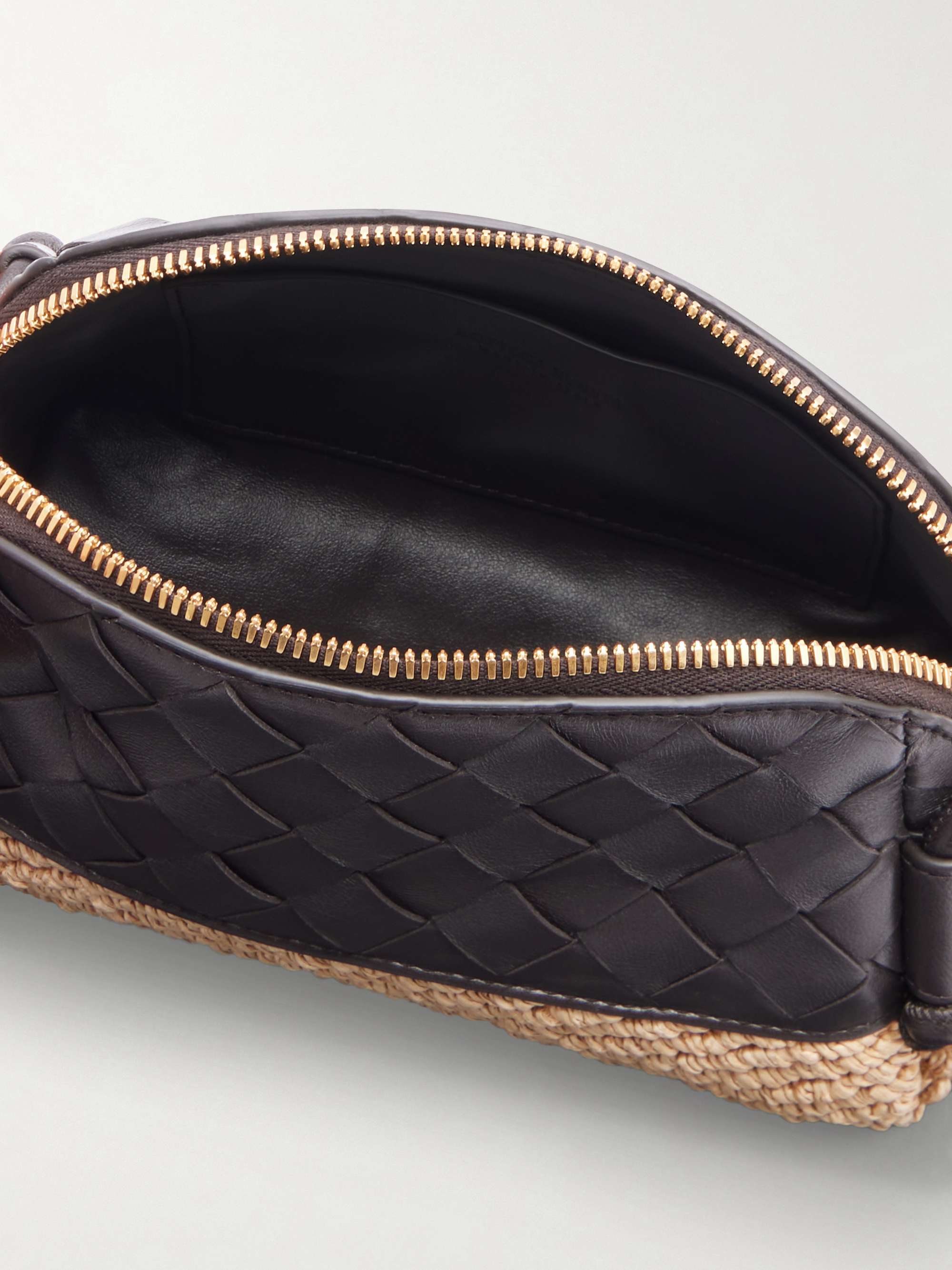 BOTTEGA VENETA Concert Intrecciato leather and raffia pouch | NET