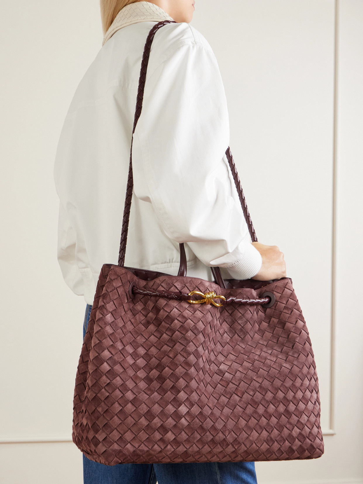 Andiamo Large Intrecciato Leather-Trimmed Suede Tote