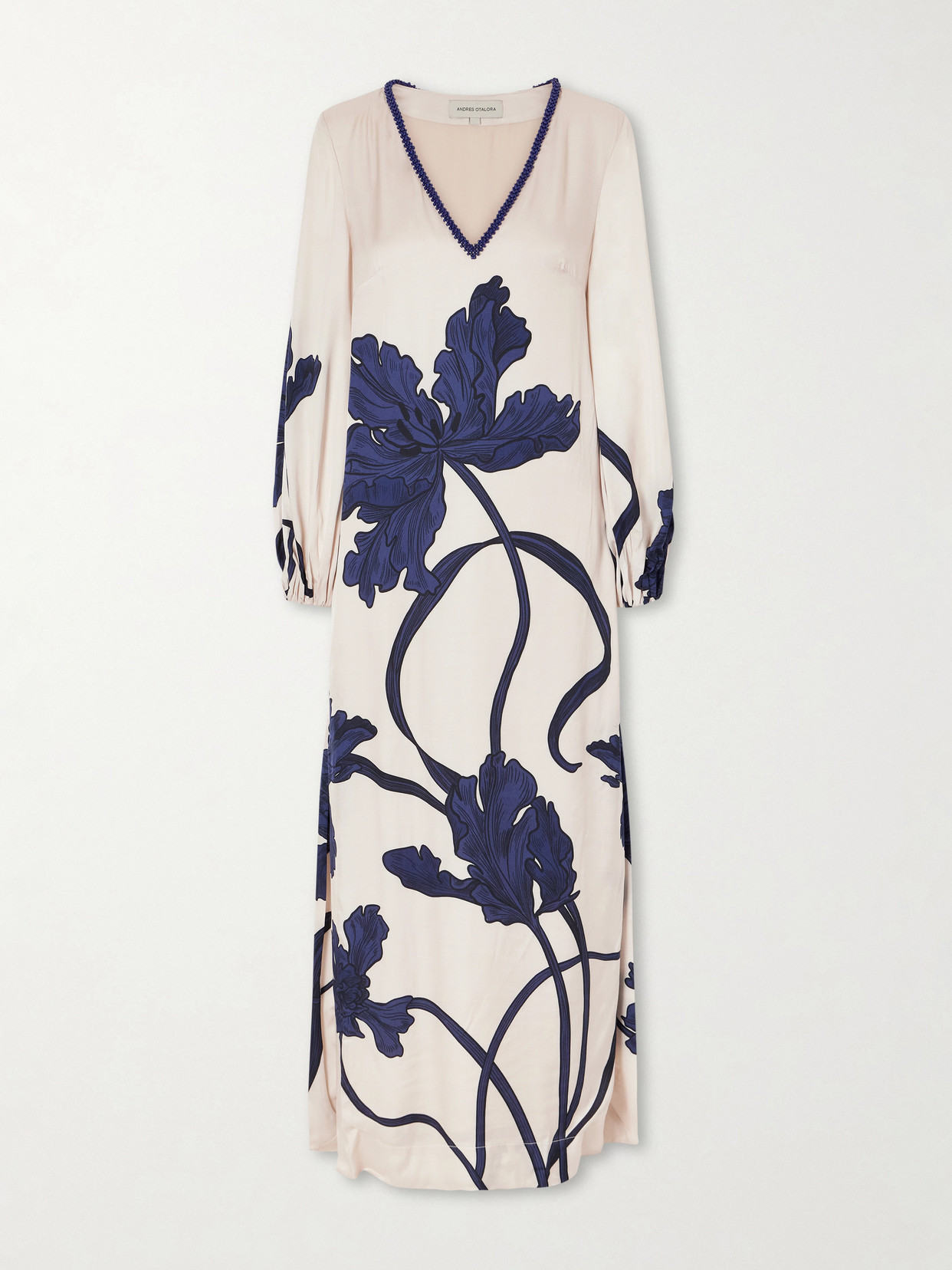 Andres Otalora Aduma Embellished Floral-print Satin Maxi Dress In Blue