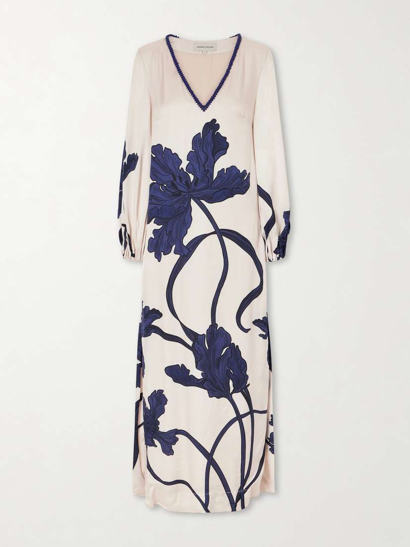 ANDRES OTALORA Aduma Embellished Floral-print Satin Maxi Dress