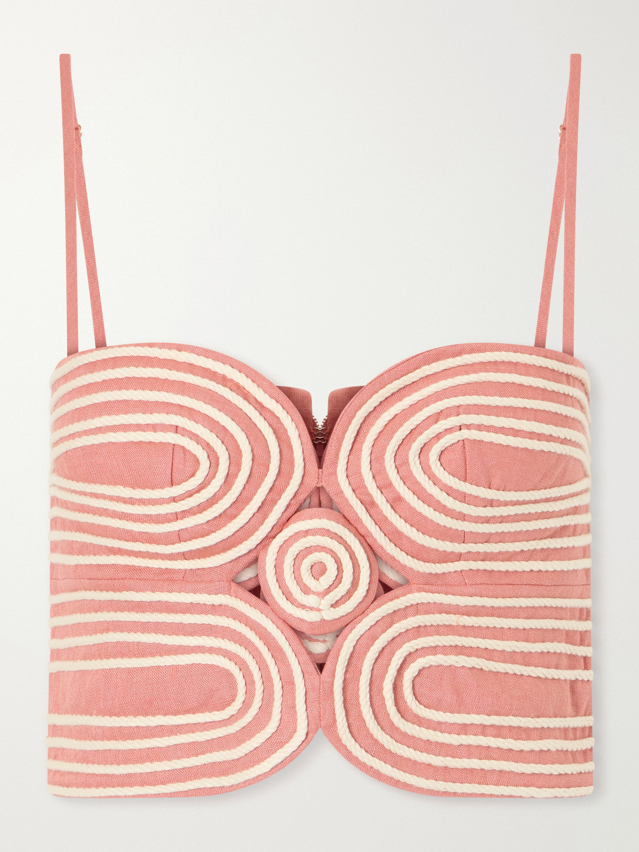 Andres Otalora Baía Cropped Embroidered Linen And Cotton-blend Top In Pink