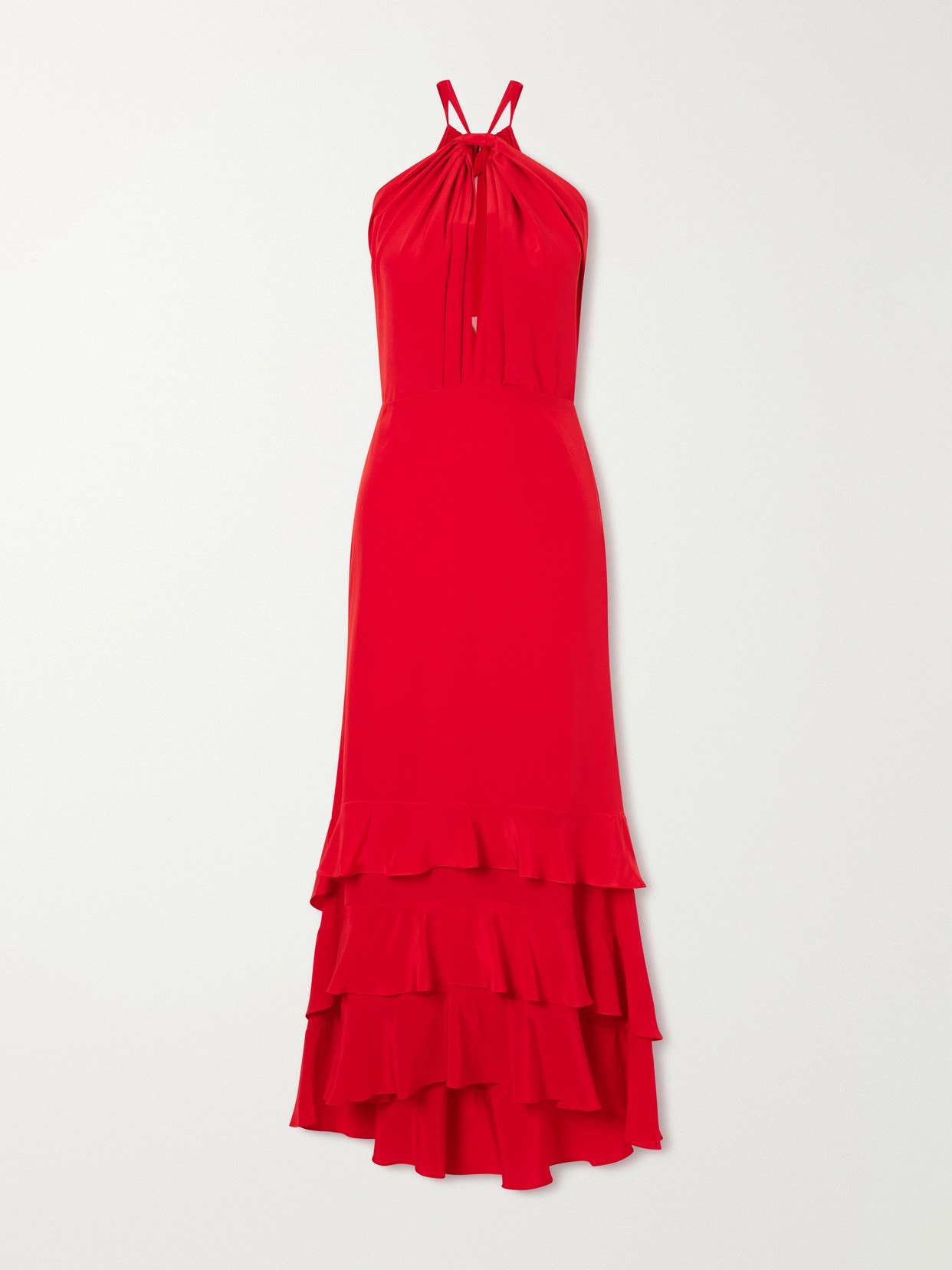 Andres Otalora Vino De Palma Ruffled Duchesse-satin Silk Halterneck Maxi Dress In Red